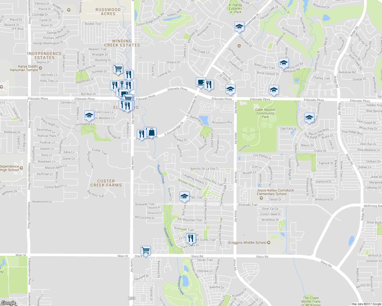 map of restaurants, bars, coffee shops, grocery stores, and more near 8009 Ravencliff Drive in McKinney
