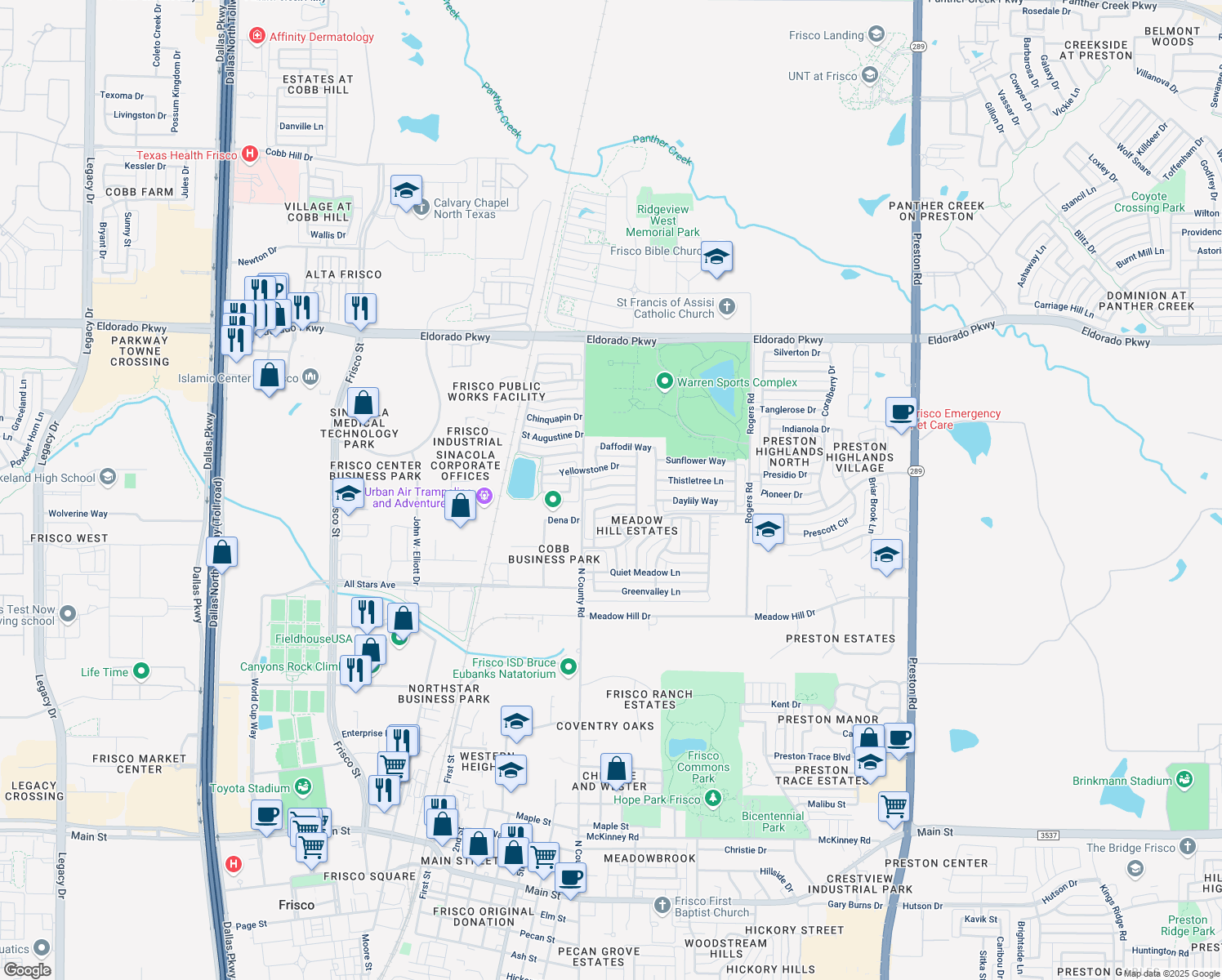 map of restaurants, bars, coffee shops, grocery stores, and more near 7491 Chinaberry Lane in Frisco