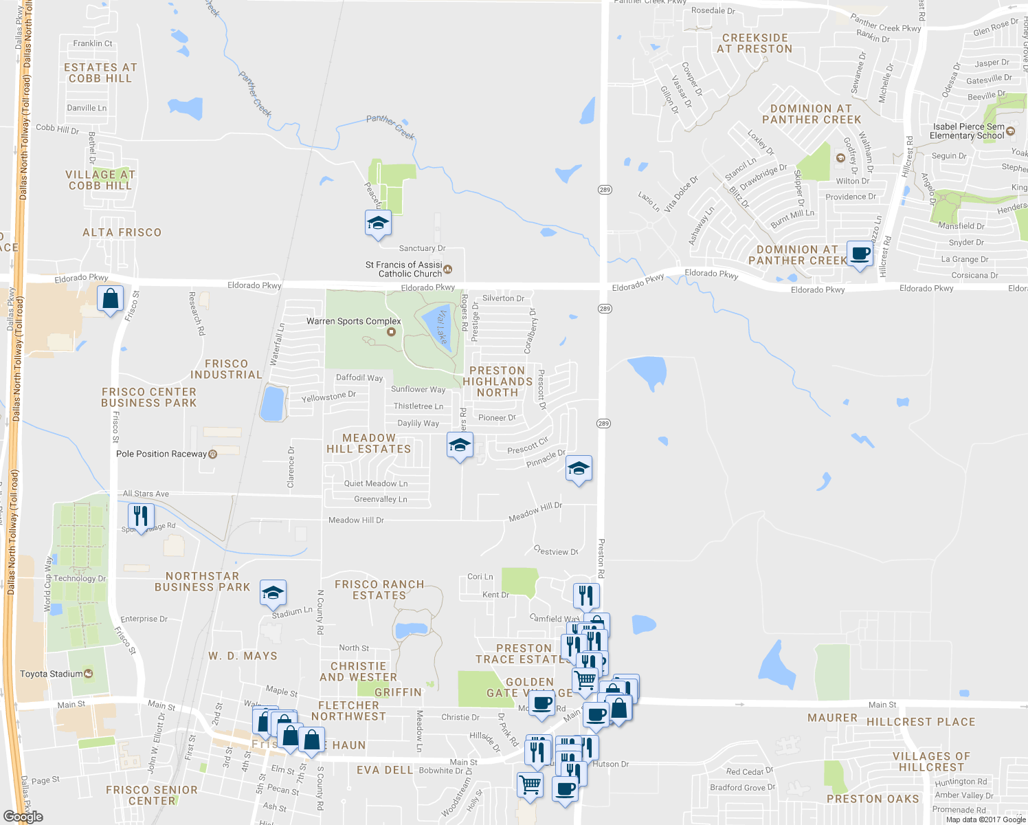 map of restaurants, bars, coffee shops, grocery stores, and more near 8408 Pioneer Drive in Frisco