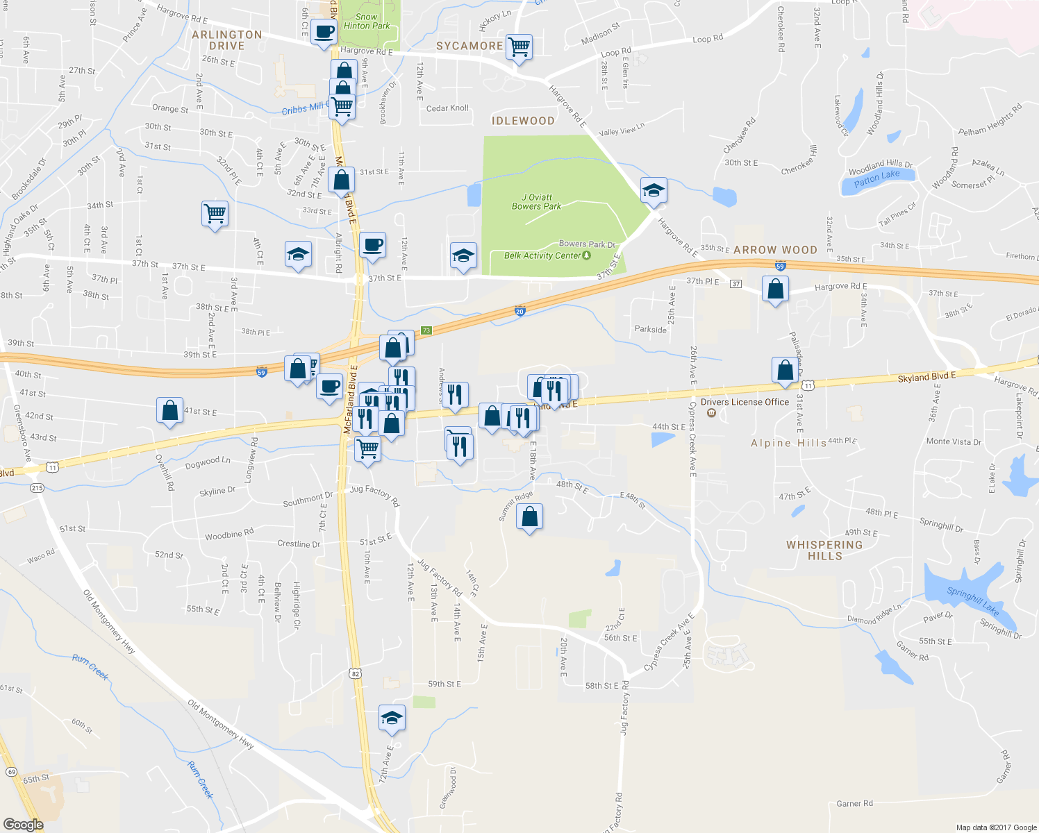 map of restaurants, bars, coffee shops, grocery stores, and more near 1771 Skyland Boulevard East in Tuscaloosa