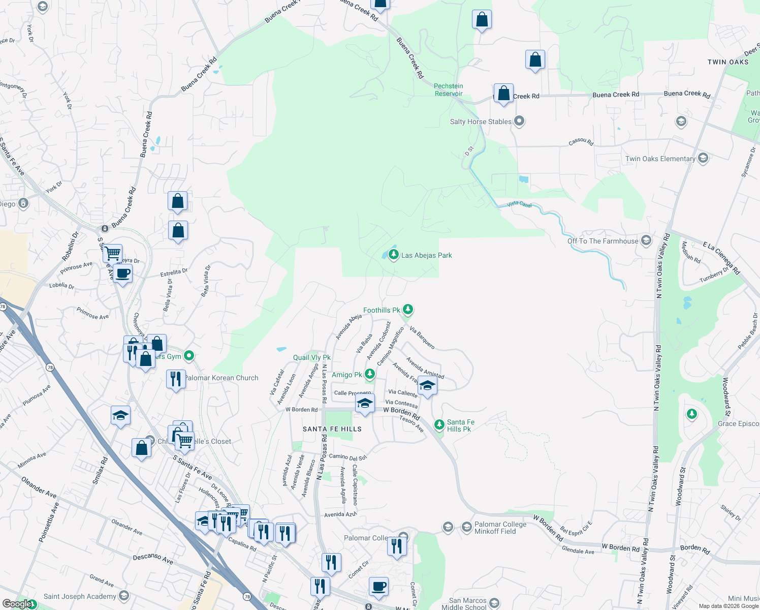 map of restaurants, bars, coffee shops, grocery stores, and more near 818 Avenida Abeja in San Marcos