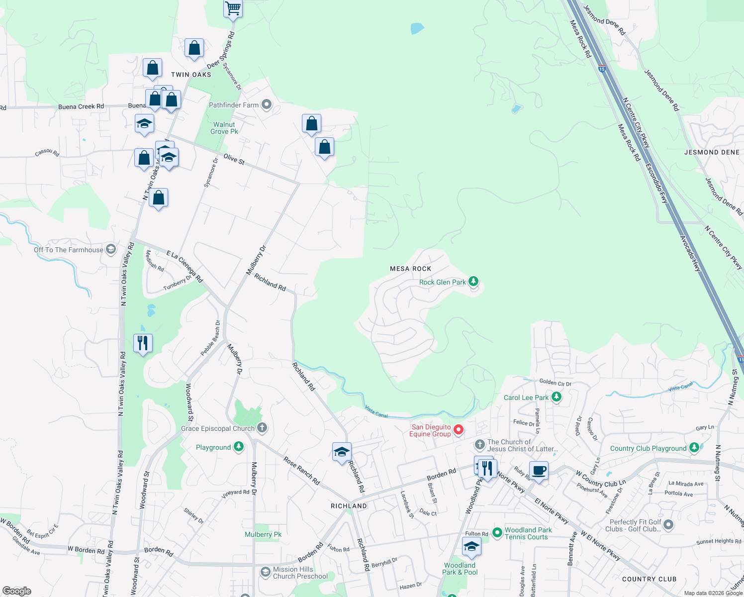 map of restaurants, bars, coffee shops, grocery stores, and more near 1969 Woodland Heights Glen in Escondido