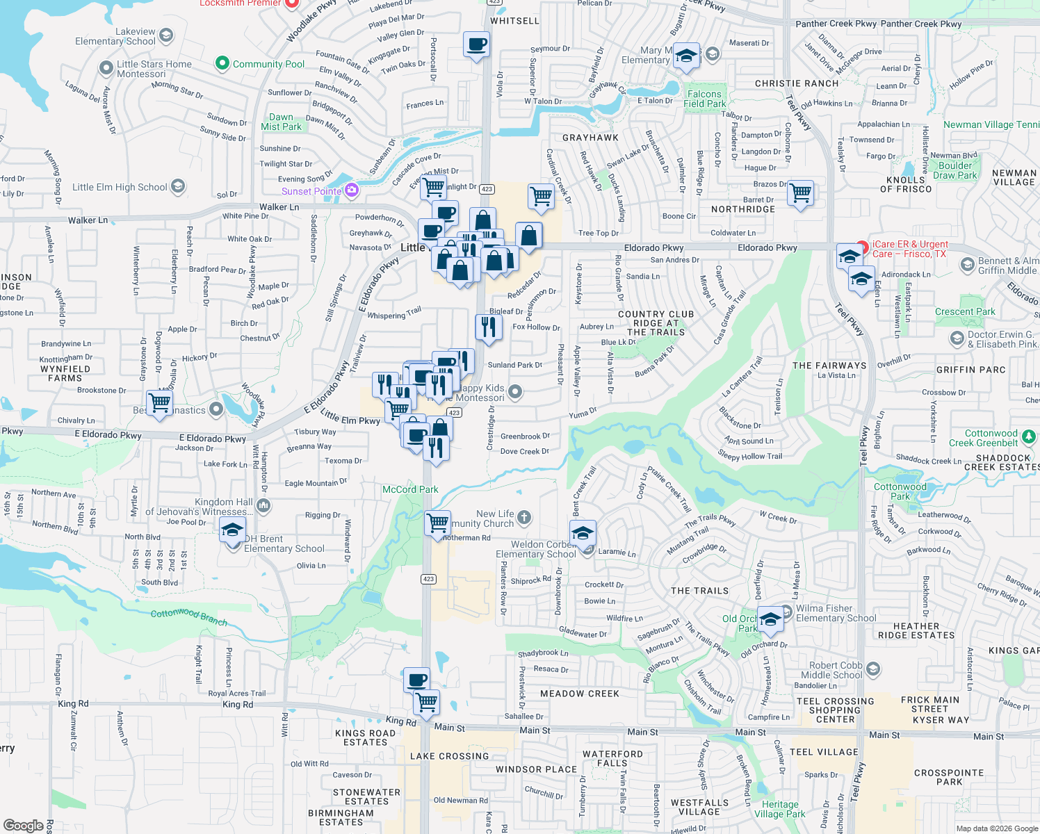 map of restaurants, bars, coffee shops, grocery stores, and more near 2433 Yuma Dr in Little Elm