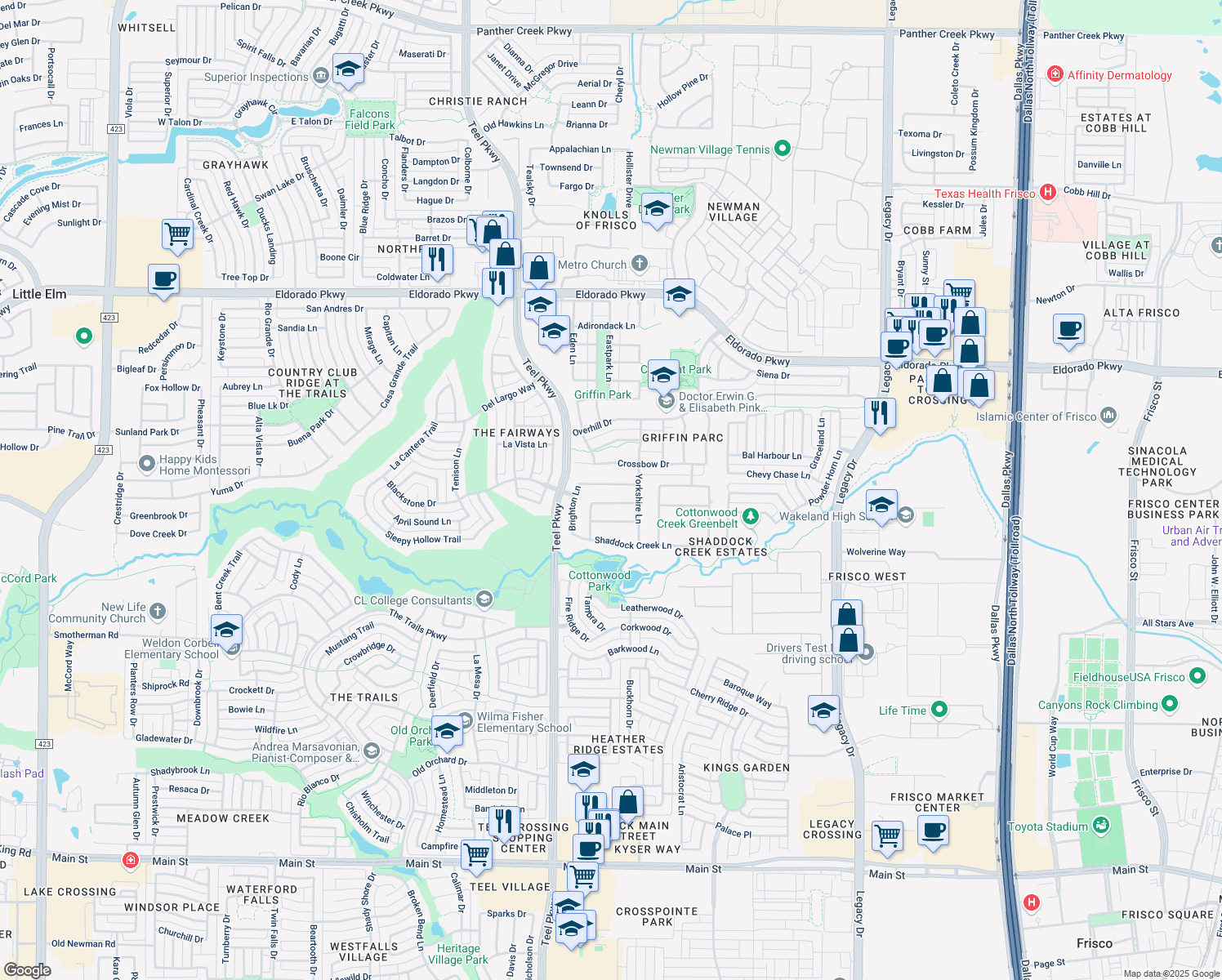 map of restaurants, bars, coffee shops, grocery stores, and more near 3371 Cumberland Lane in Frisco