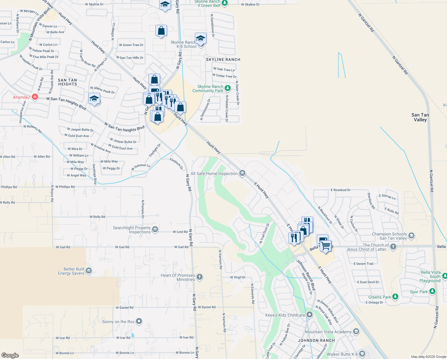 map of restaurants, bars, coffee shops, grocery stores, and more near 31986 North Skyline Court in San Tan Valley