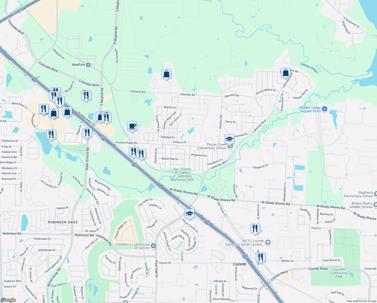 map of restaurants, bars, coffee shops, grocery stores, and more near 4516 Fox Sedge Lane in Denton