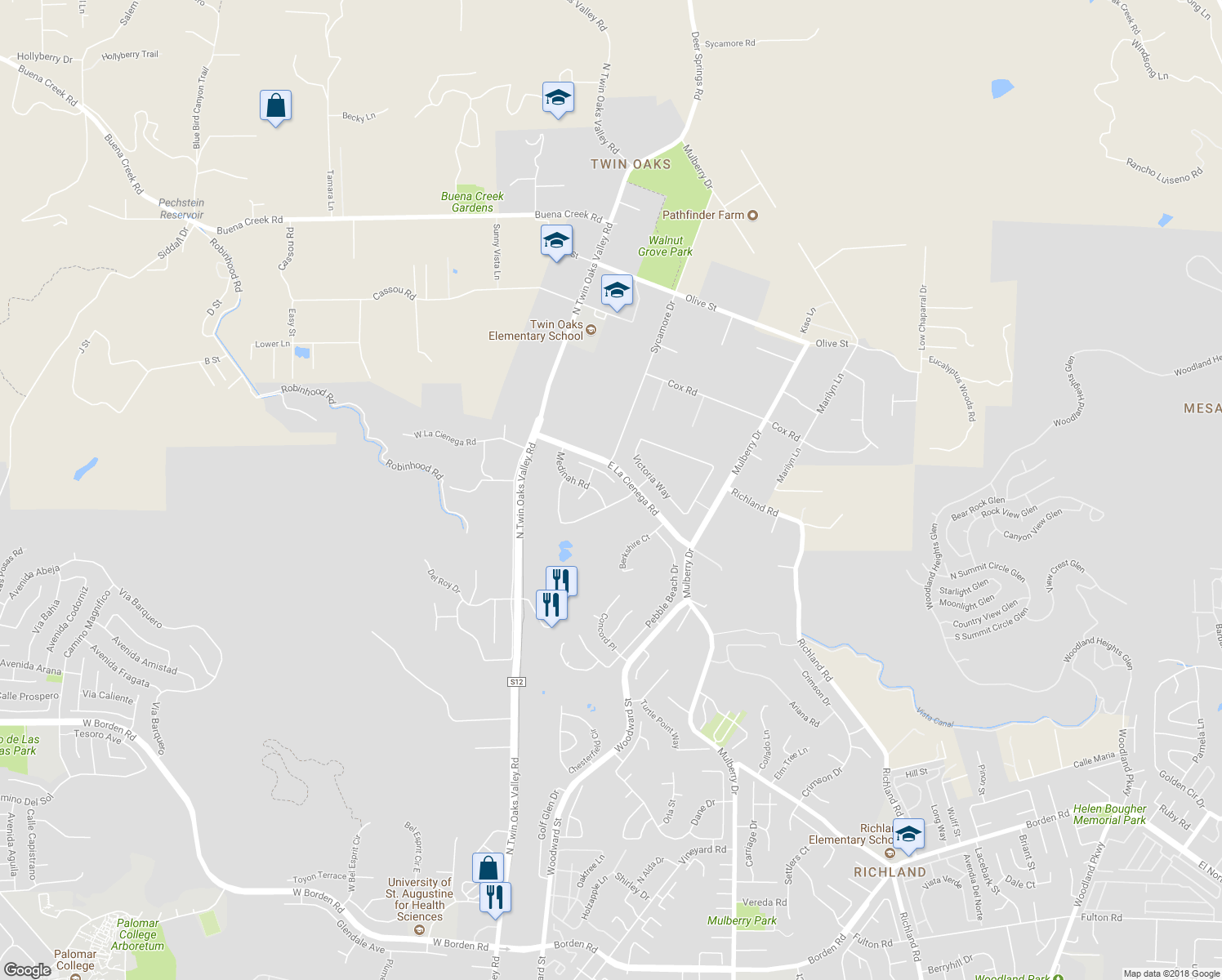 map of restaurants, bars, coffee shops, grocery stores, and more near 253 Muirfield Way in San Marcos