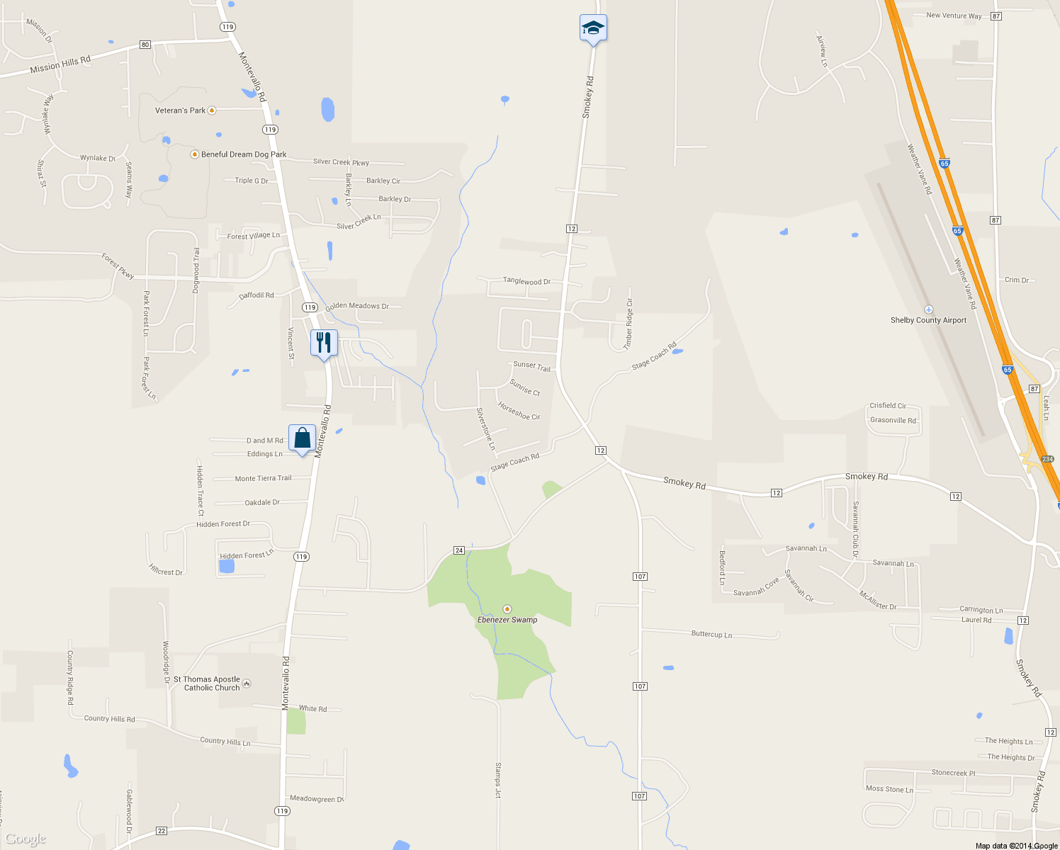 map of restaurants, bars, coffee shops, grocery stores, and more near 134 Horseshoe Circle in Alabaster