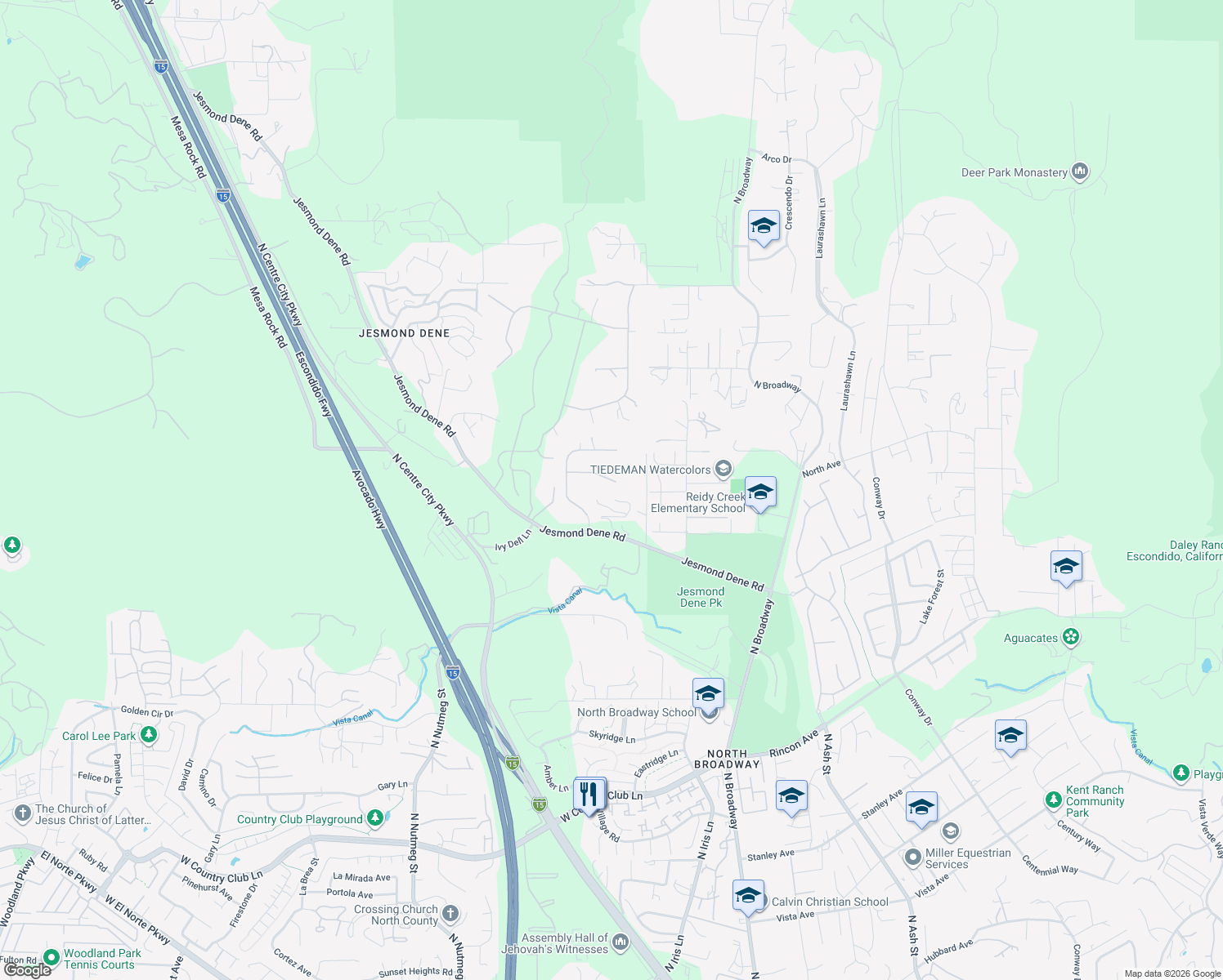 map of restaurants, bars, coffee shops, grocery stores, and more near 25228 Jesmond Dene Heights Place in Escondido