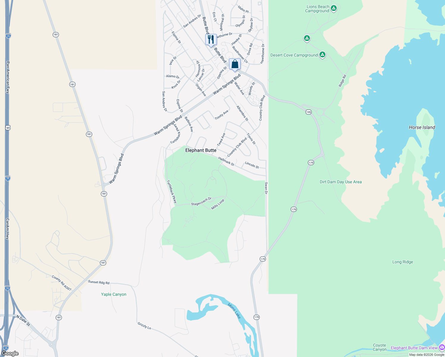 map of restaurants, bars, coffee shops, grocery stores, and more near Country Club Blvd in Elephant Butte