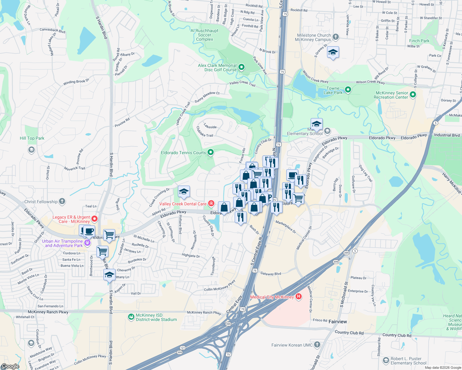 map of restaurants, bars, coffee shops, grocery stores, and more near 2808 Hidden Forest Drive in McKinney