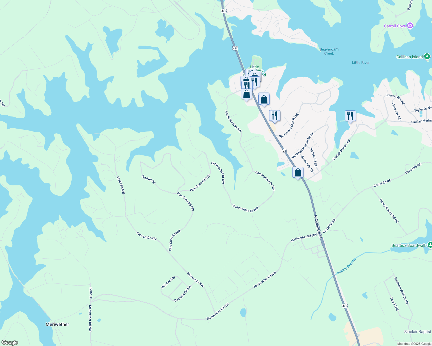 map of restaurants, bars, coffee shops, grocery stores, and more near 202 Commodore Drive Northwest in Milledgeville