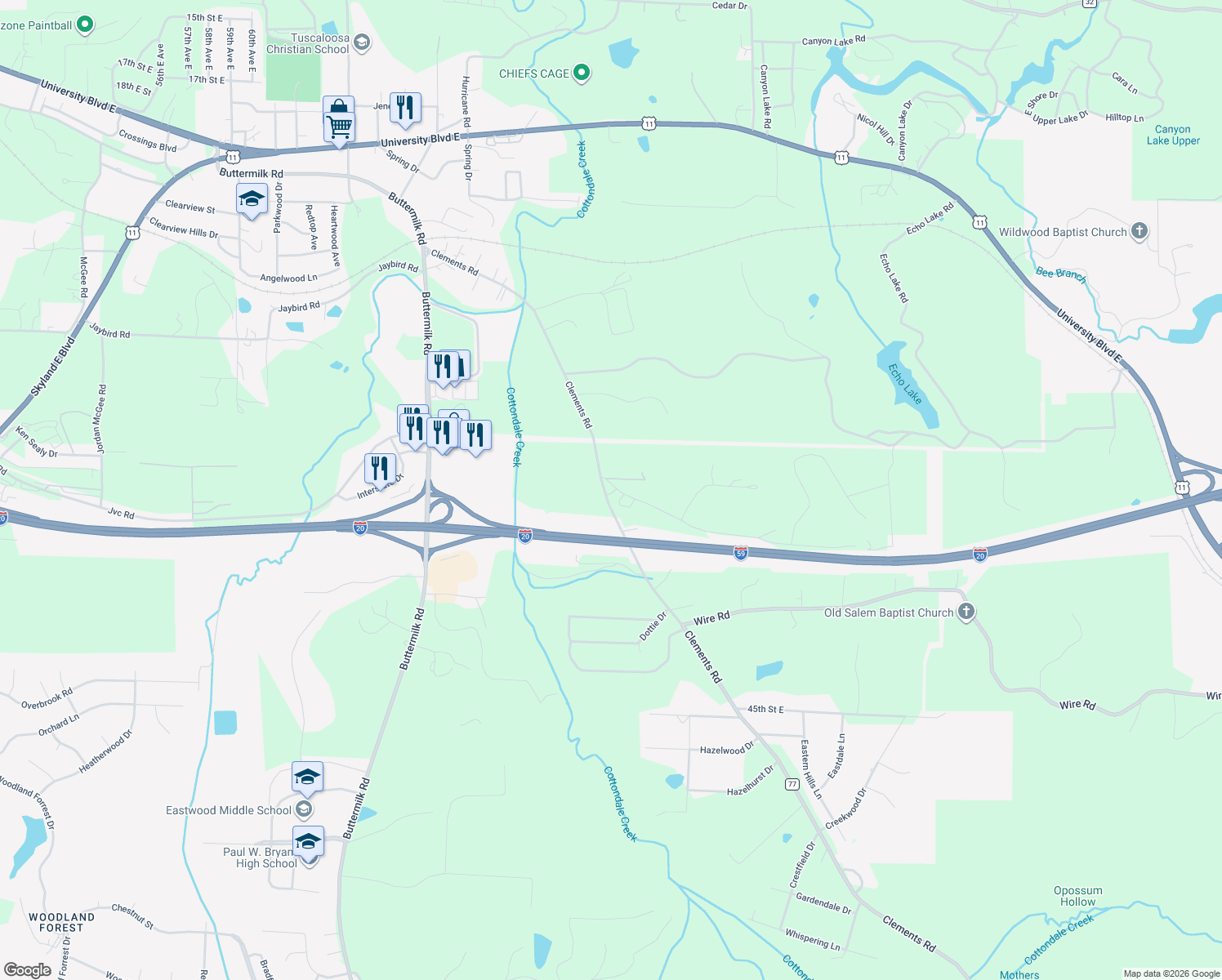 map of restaurants, bars, coffee shops, grocery stores, and more near 3441 Clements Road in Cottondale