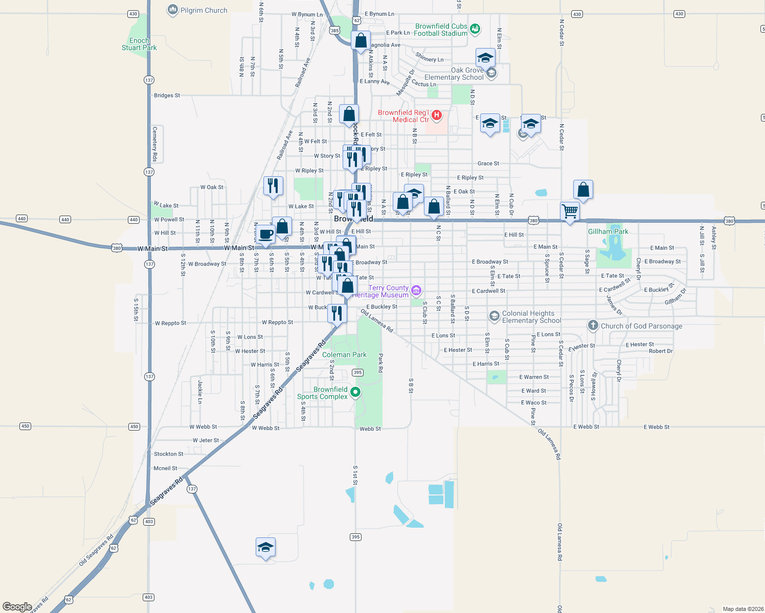 map of restaurants, bars, coffee shops, grocery stores, and more near 499 South A Street in Brownfield