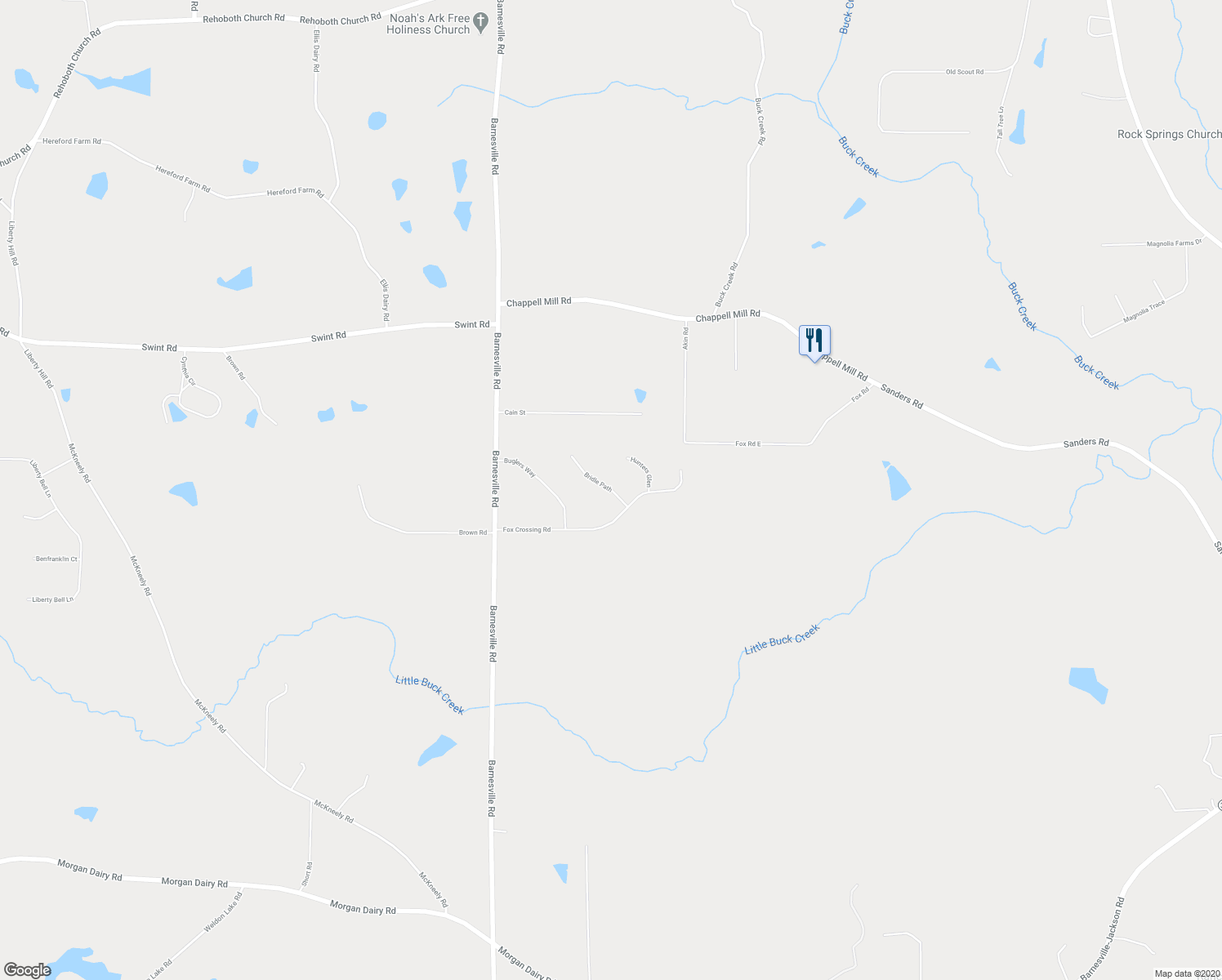 map of restaurants, bars, coffee shops, grocery stores, and more near 111 Bridle Path in Griffin