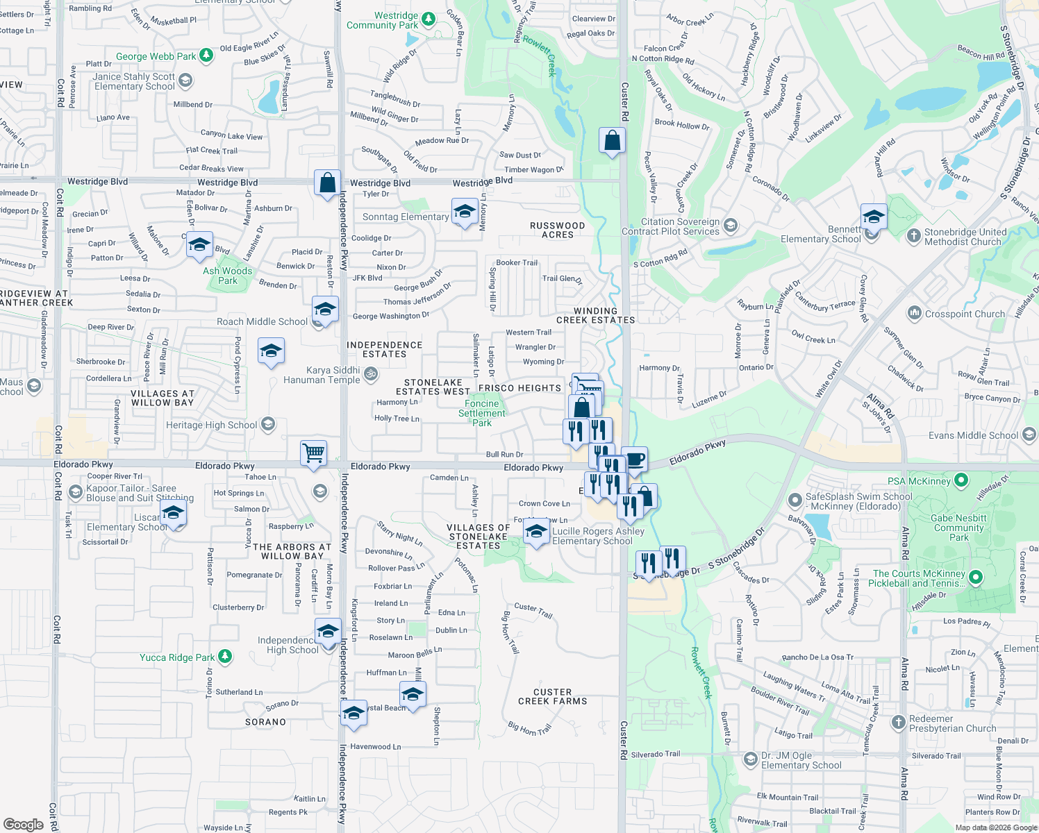 map of restaurants, bars, coffee shops, grocery stores, and more near 15579 Appaloosa Drive in Frisco