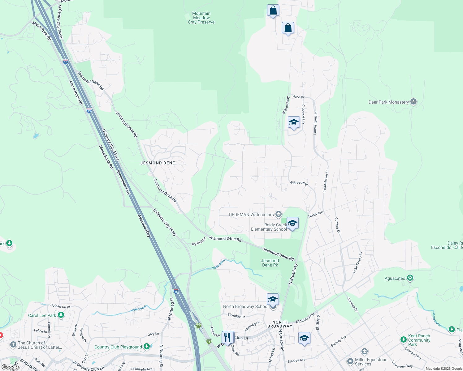 map of restaurants, bars, coffee shops, grocery stores, and more near 25431 Rue De Fleur in Escondido