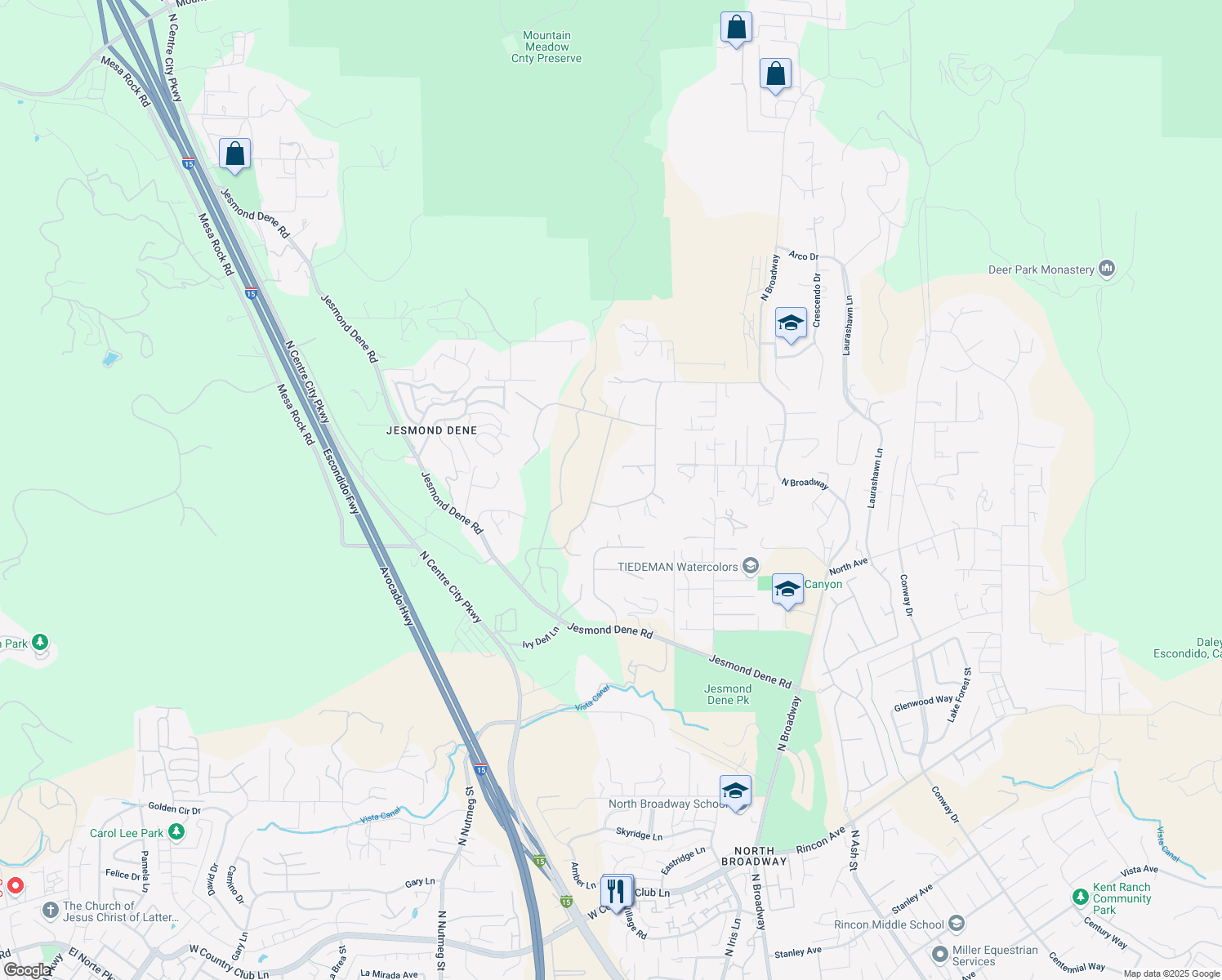 map of restaurants, bars, coffee shops, grocery stores, and more near 3017 Rue Montreux in Escondido
