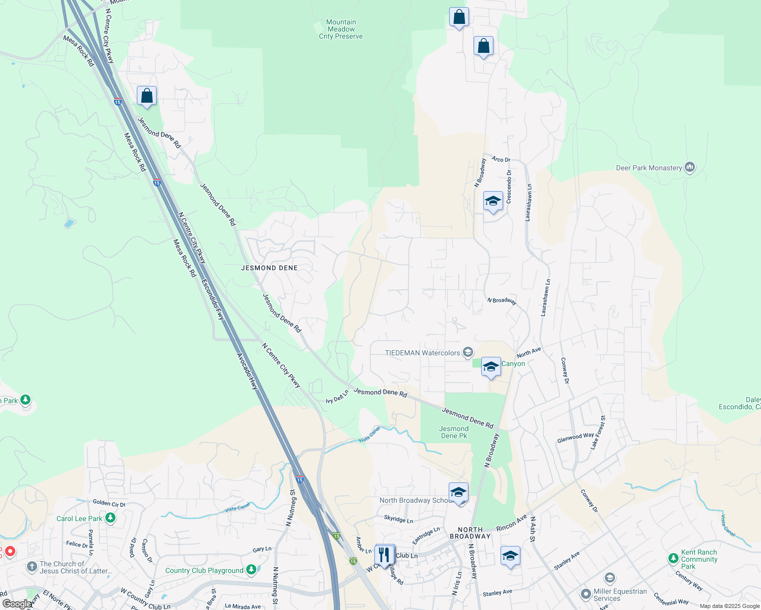 map of restaurants, bars, coffee shops, grocery stores, and more near 3017 Rue Montreux in Escondido