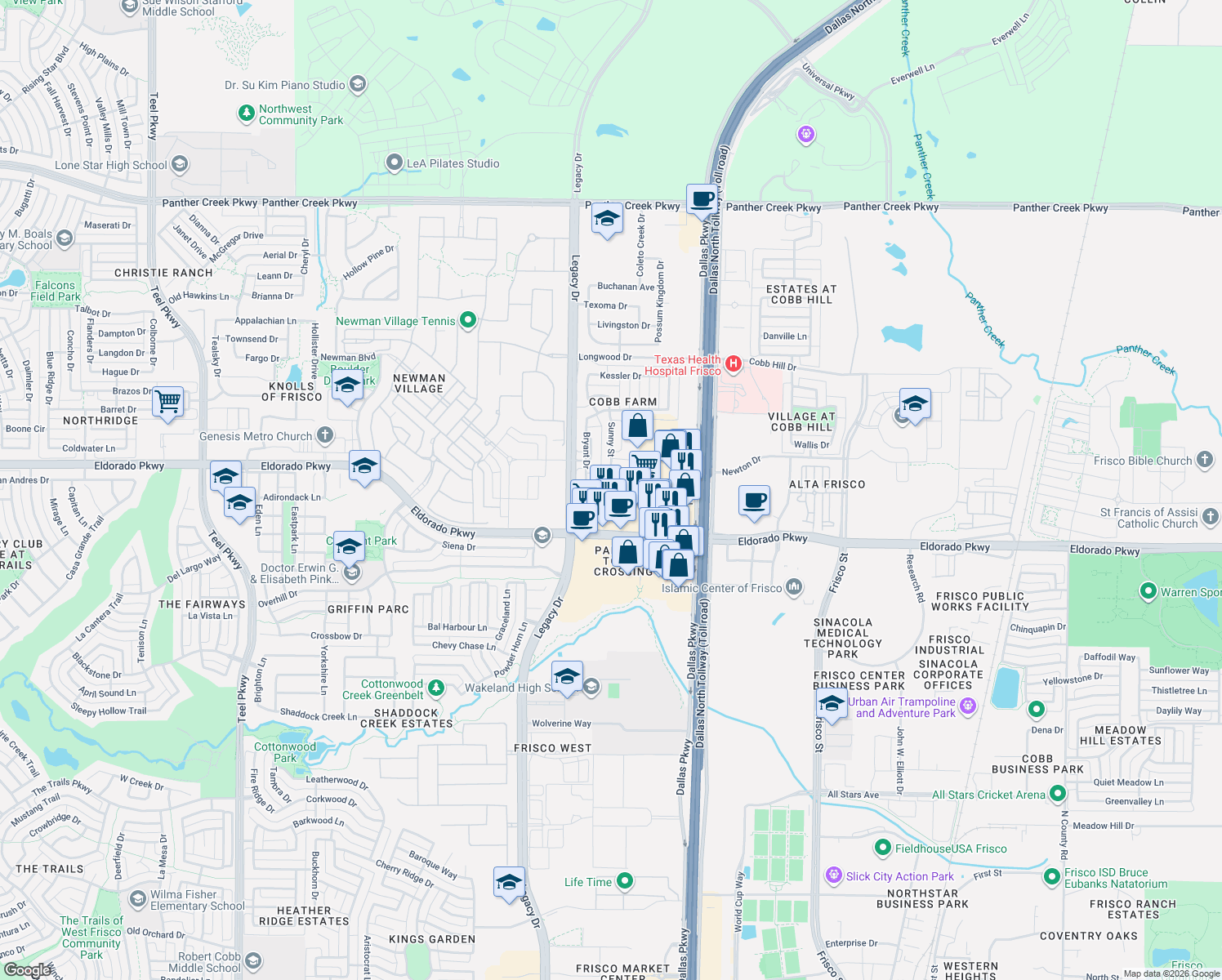 map of restaurants, bars, coffee shops, grocery stores, and more near 4873 Jadi Ln in Frisco