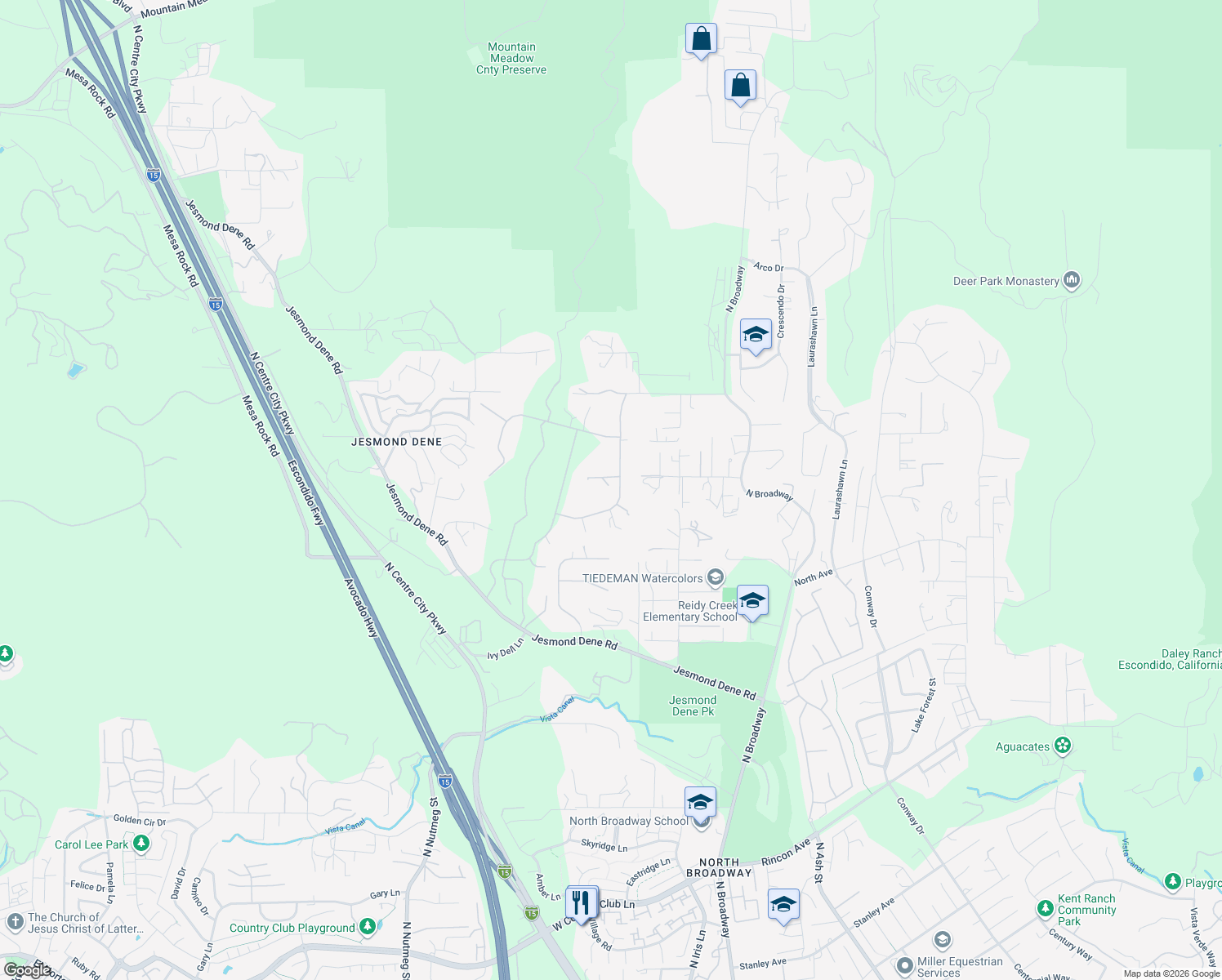 map of restaurants, bars, coffee shops, grocery stores, and more near 25431 Rue De Fleur in Escondido