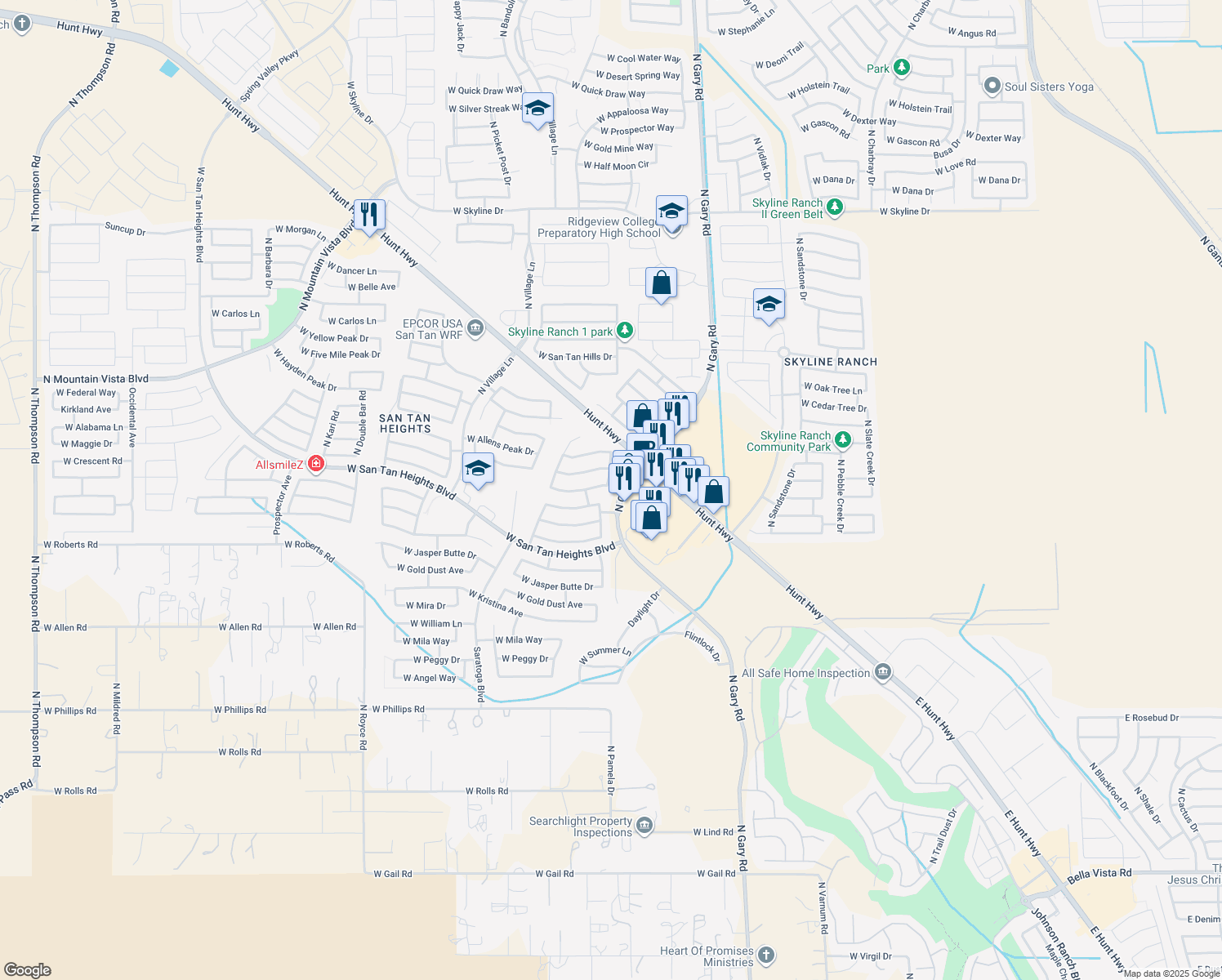 map of restaurants, bars, coffee shops, grocery stores, and more near 32971 North Hidden Canyon Drive in Queen Creek