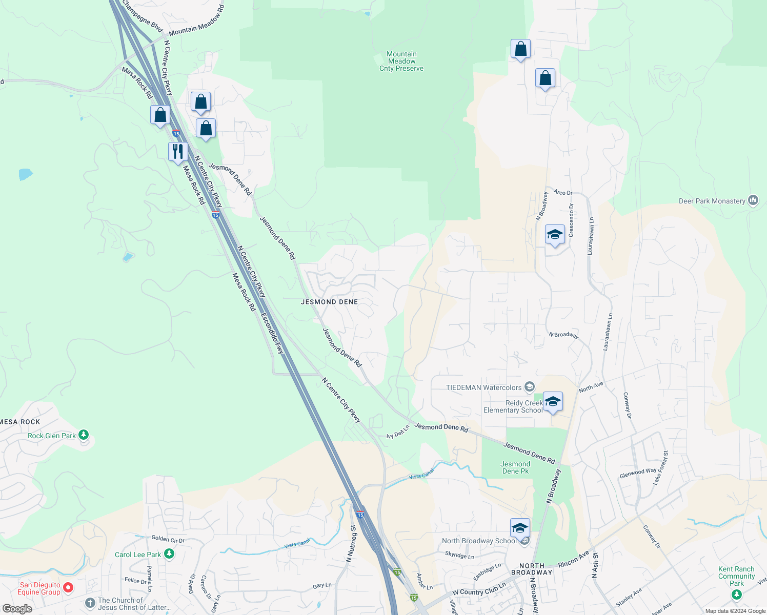 map of restaurants, bars, coffee shops, grocery stores, and more near 25659 Rue De Lac in Escondido