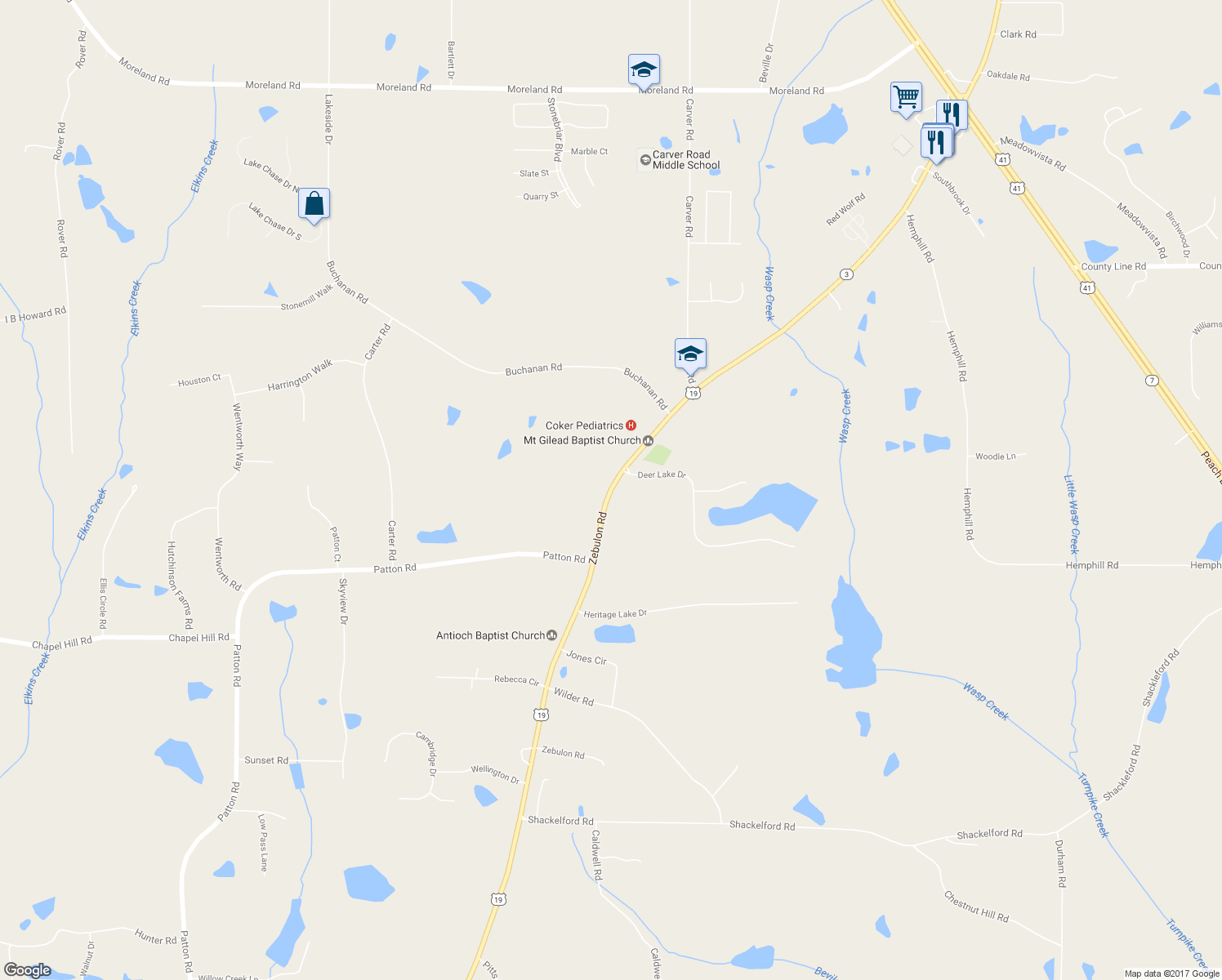 map of restaurants, bars, coffee shops, grocery stores, and more near 13633 U.S. 19 in Griffin