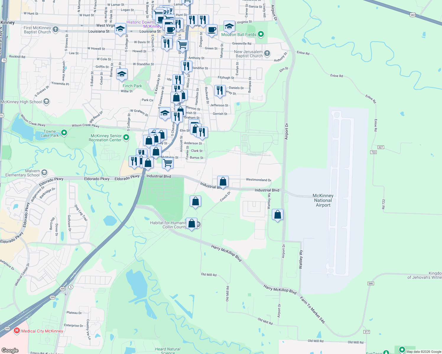 map of restaurants, bars, coffee shops, grocery stores, and more near 1111 Westmoreland Drive in McKinney