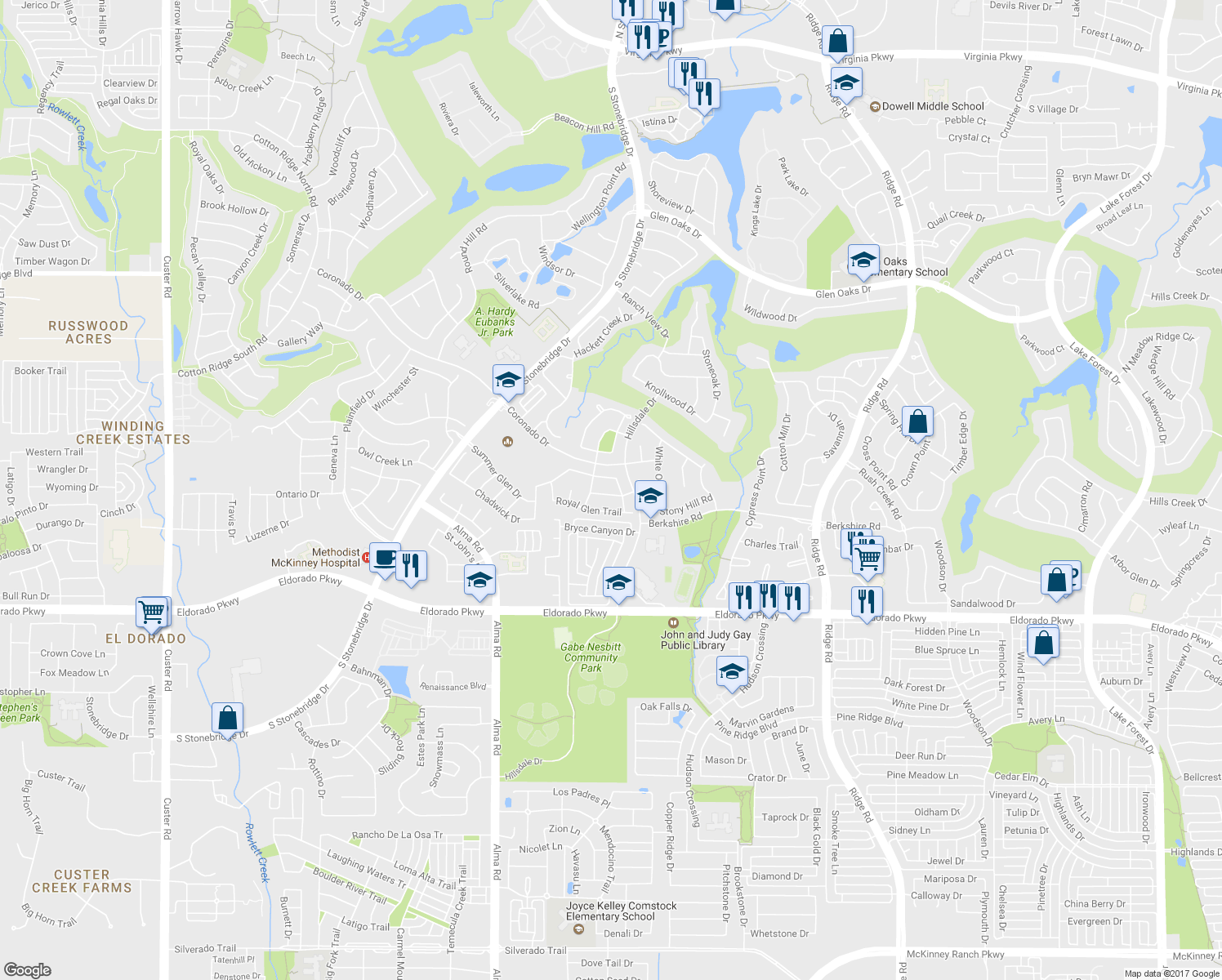 map of restaurants, bars, coffee shops, grocery stores, and more near 7104-7108 Vanderbilt Dr in McKinney