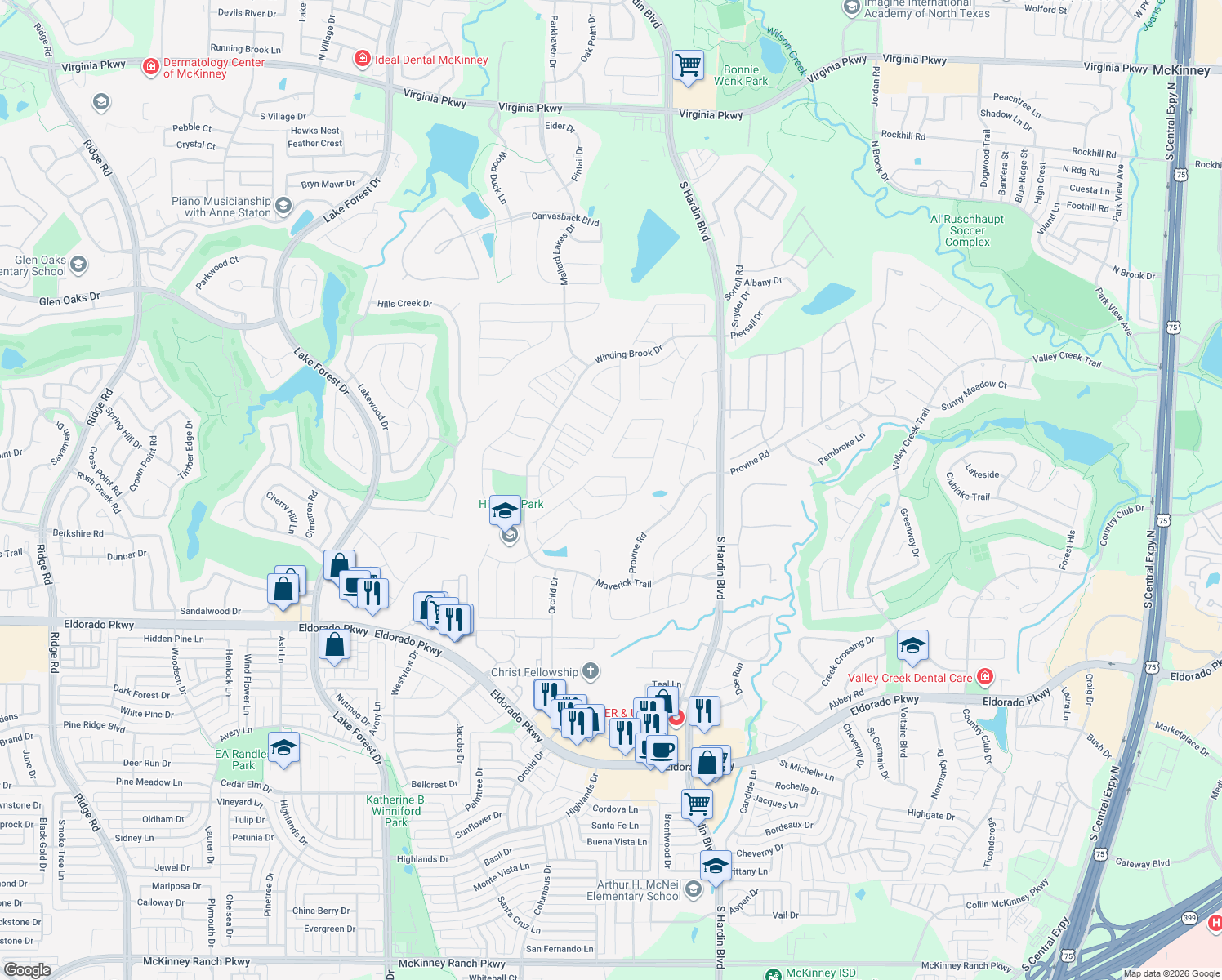 map of restaurants, bars, coffee shops, grocery stores, and more near 1912 Chessington Ln in McKinney