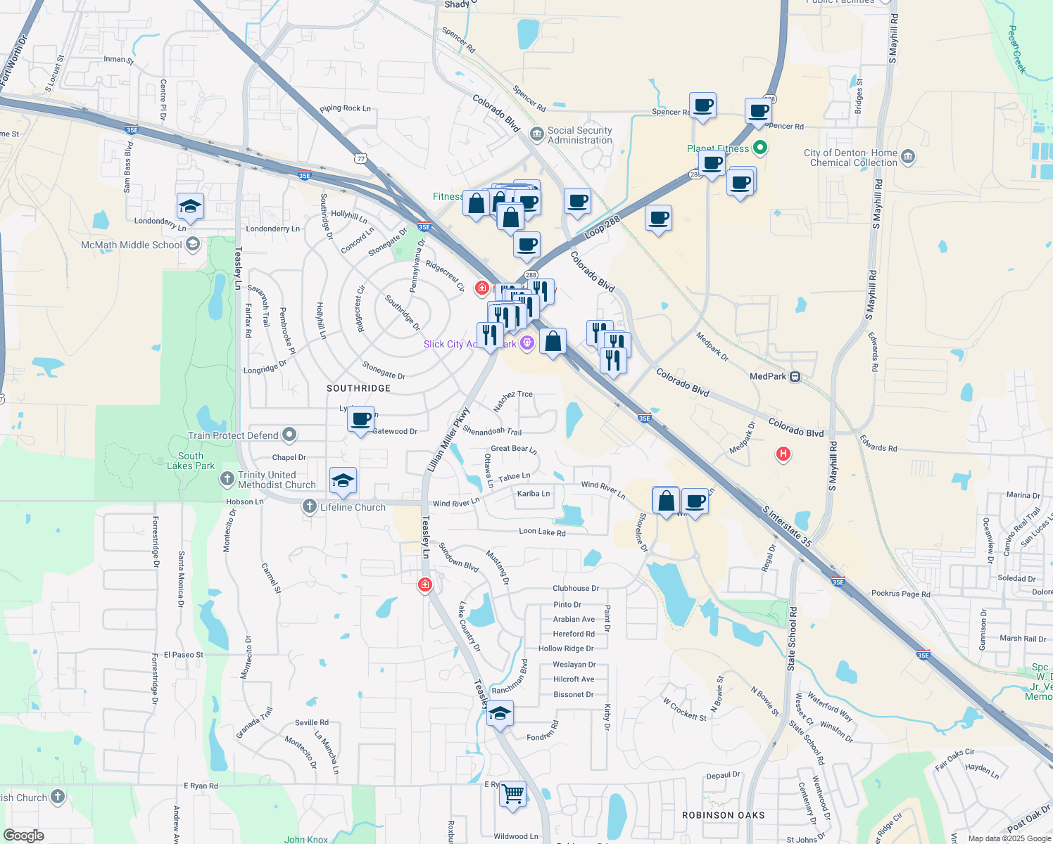 map of restaurants, bars, coffee shops, grocery stores, and more near 2404 Potomac Pkwy in Denton
