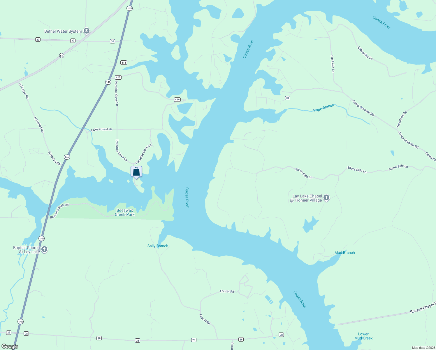 map of restaurants, bars, coffee shops, grocery stores, and more near 2082 Shore Side Lane in Sylacauga