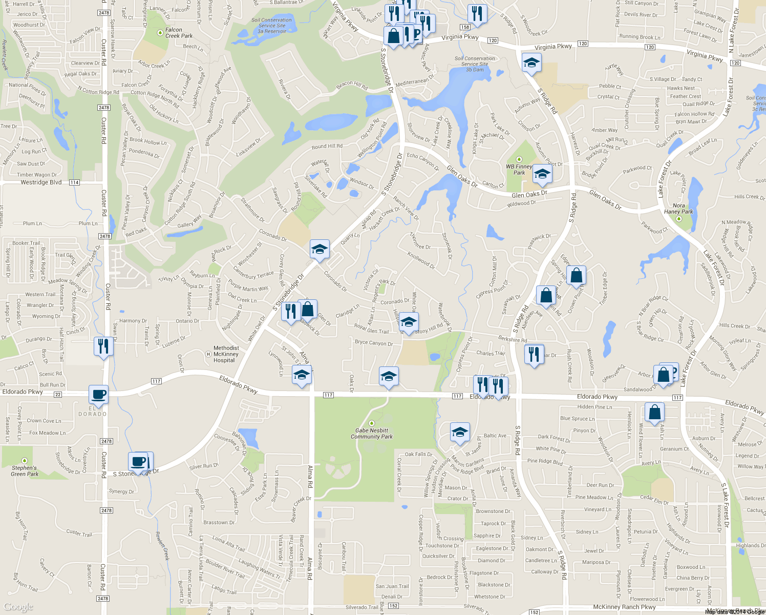 map of restaurants, bars, coffee shops, grocery stores, and more near 7108 Vanderbilt Dr in McKinney