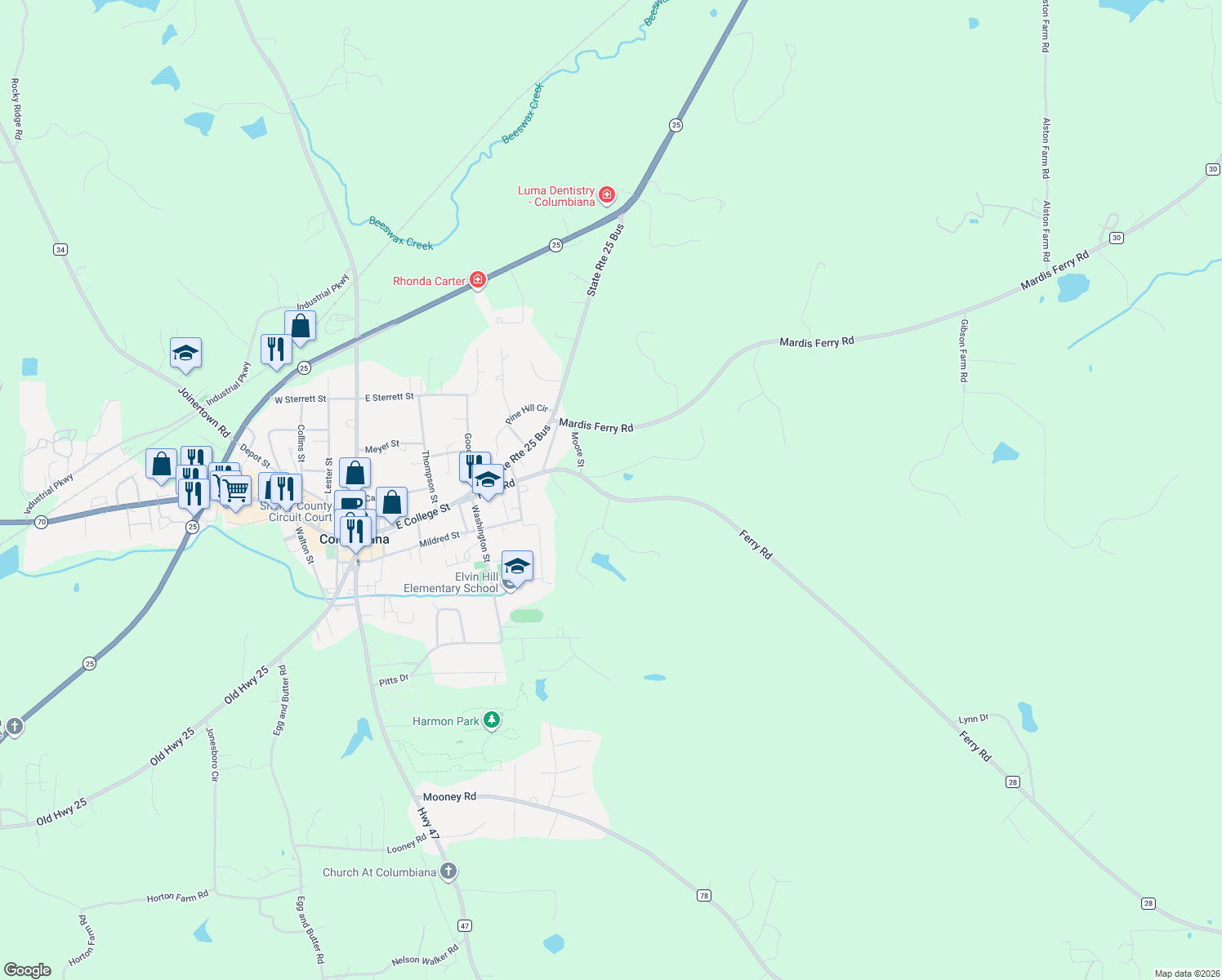 map of restaurants, bars, coffee shops, grocery stores, and more near 511 Ferry Road in Columbiana