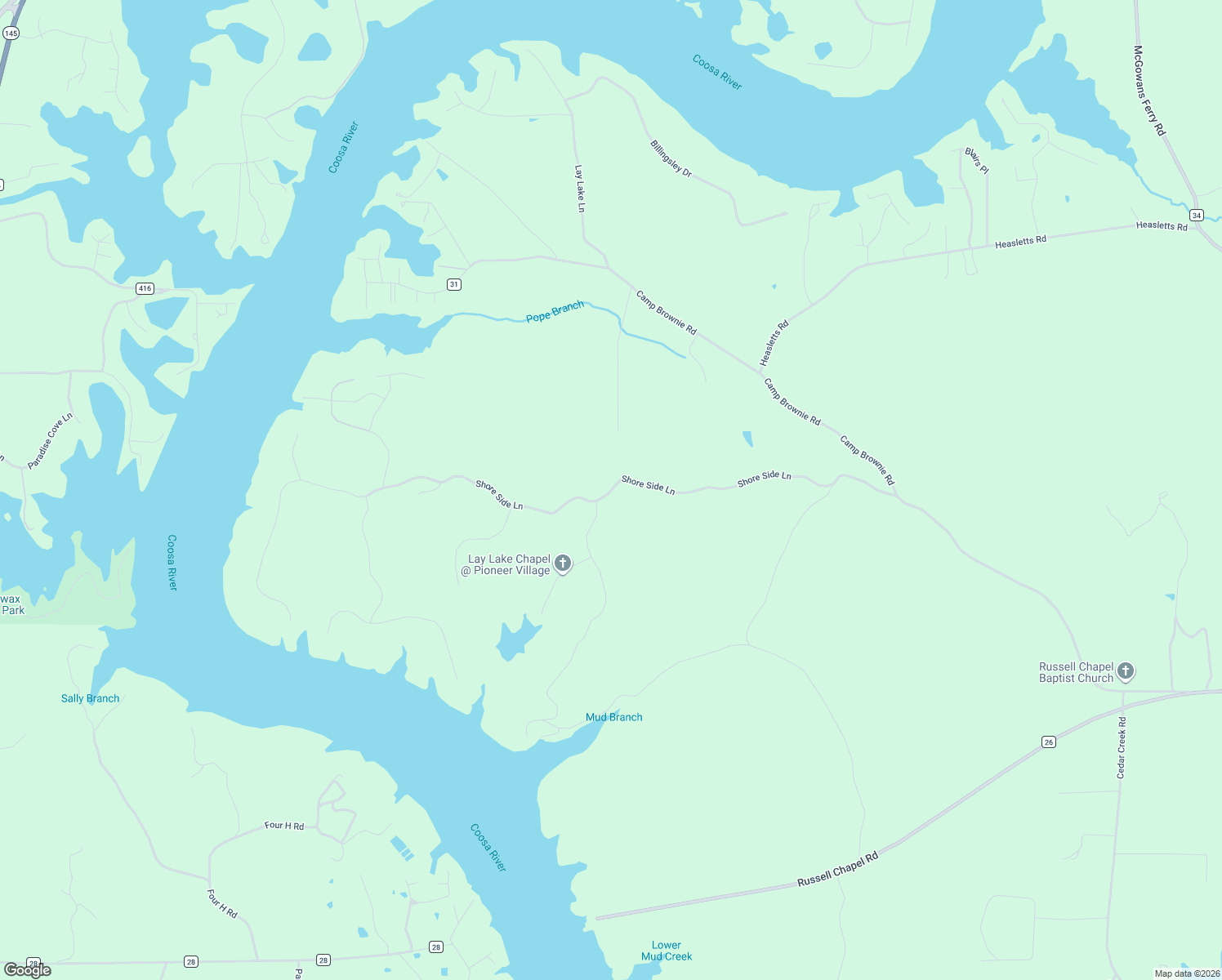 map of restaurants, bars, coffee shops, grocery stores, and more near Pioneer Village Road in Sylacauga