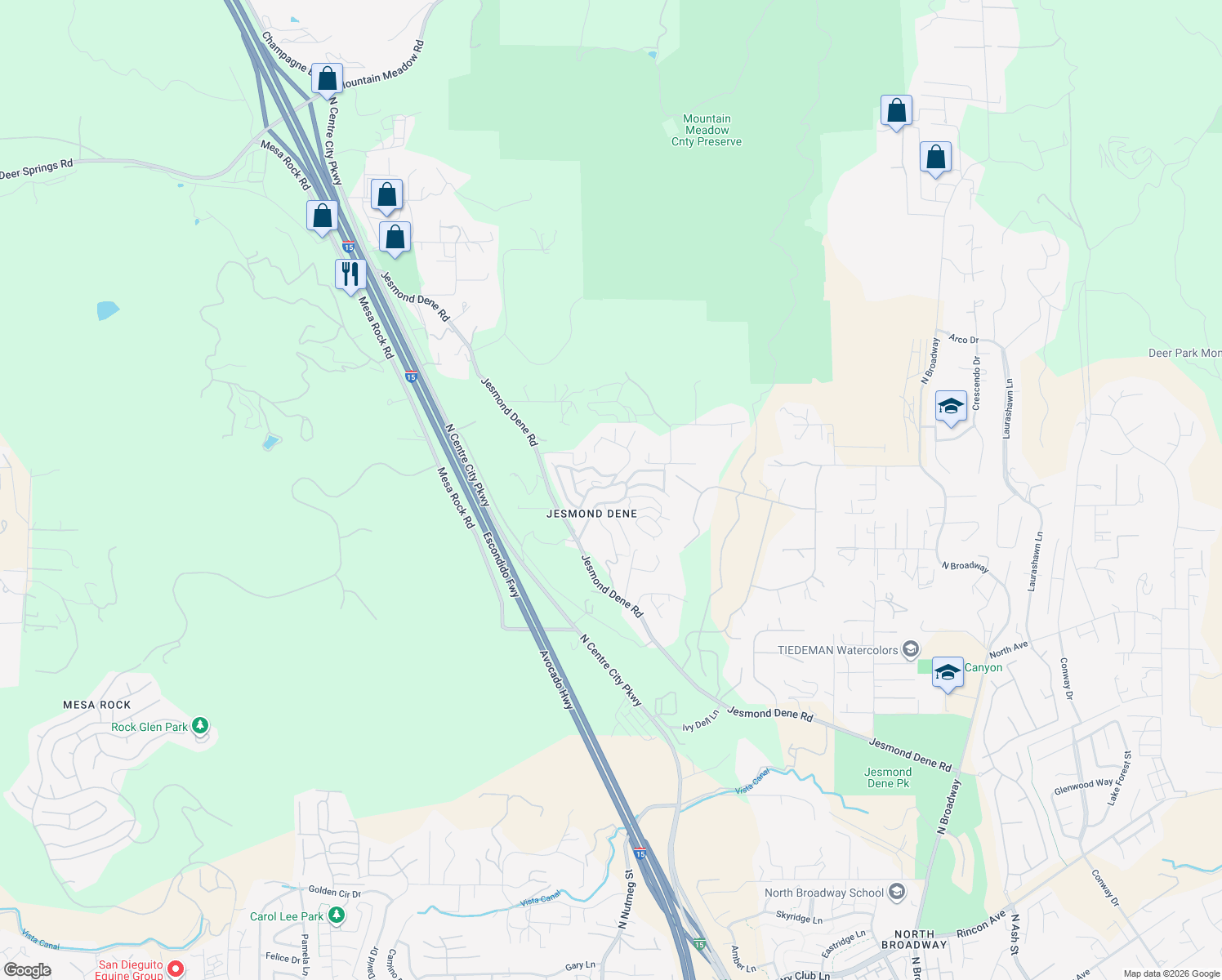 map of restaurants, bars, coffee shops, grocery stores, and more near 10179 Canyon Drive in Escondido
