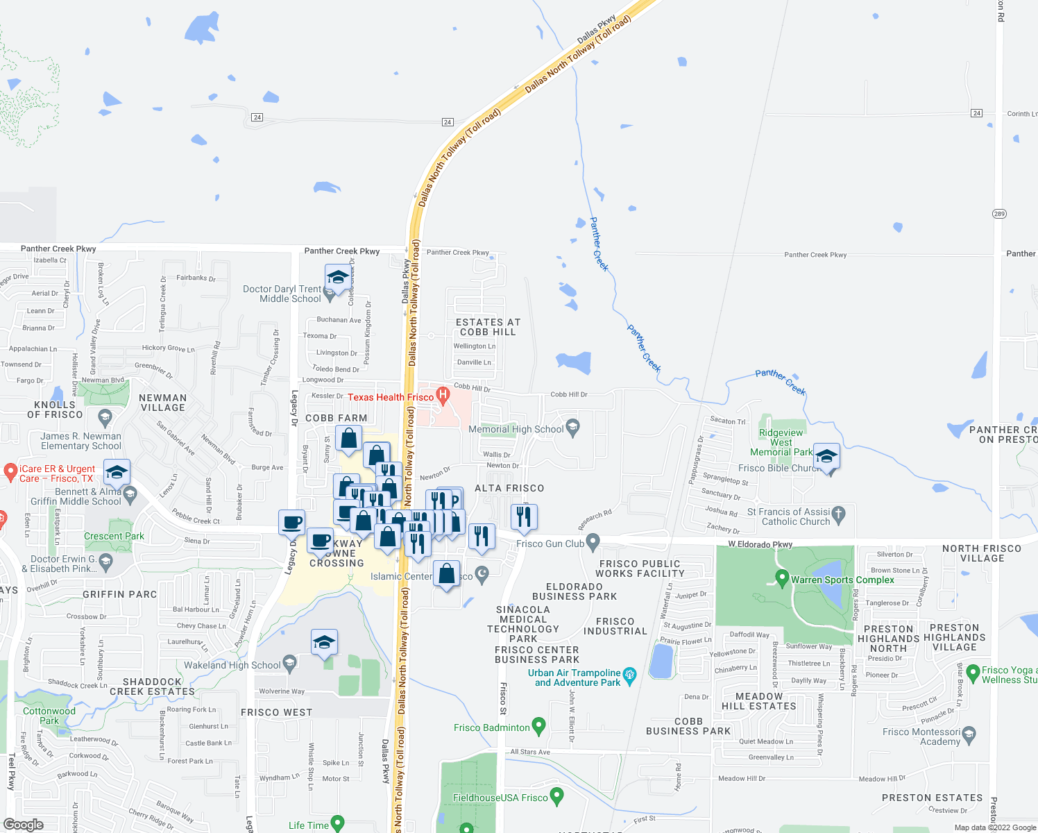 map of restaurants, bars, coffee shops, grocery stores, and more near 6096 Dunsford Dr in Frisco