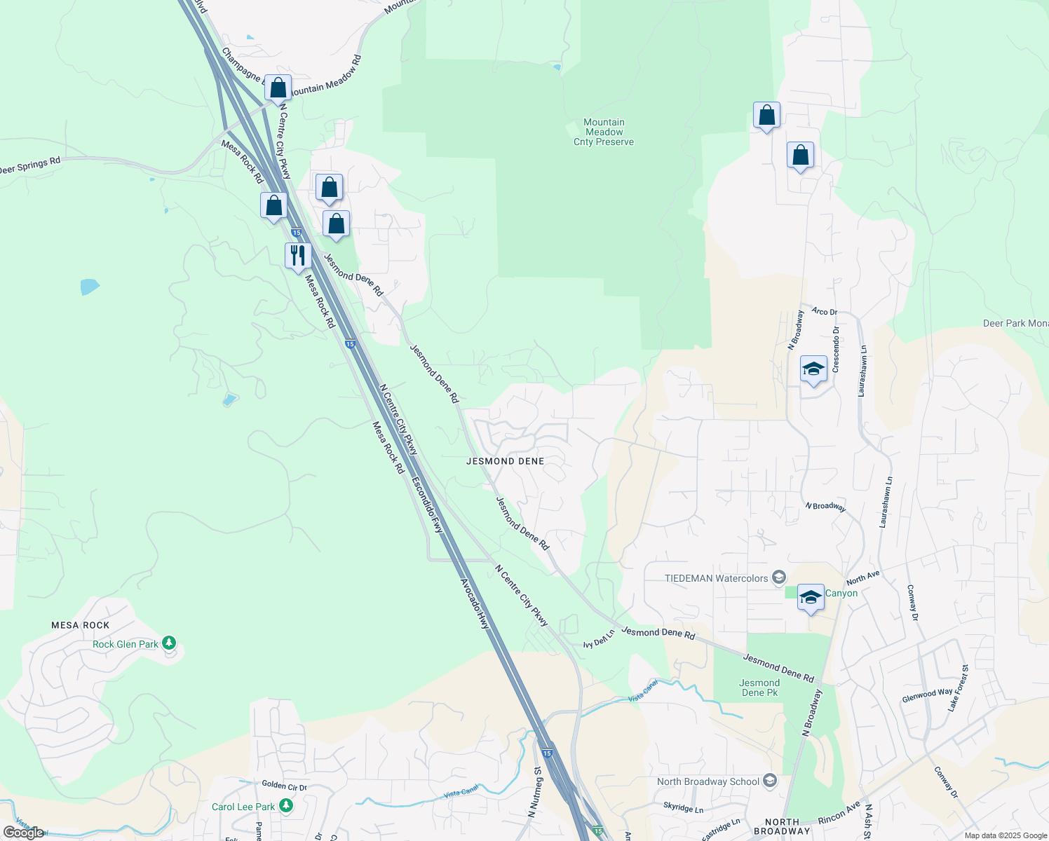 map of restaurants, bars, coffee shops, grocery stores, and more near 10218 Canyon Drive in Escondido