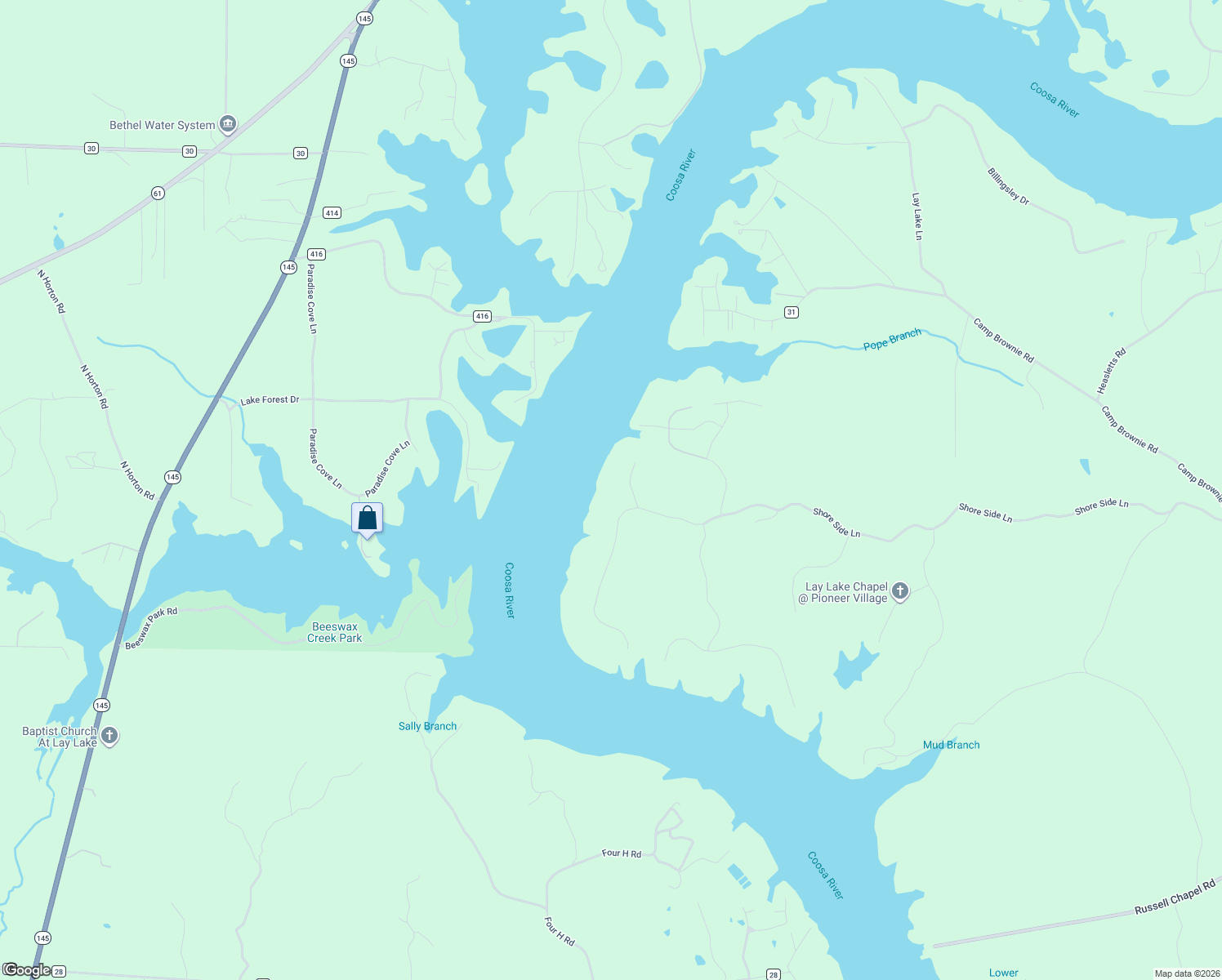 map of restaurants, bars, coffee shops, grocery stores, and more near 2082 Shore Side Lane in Sylacauga