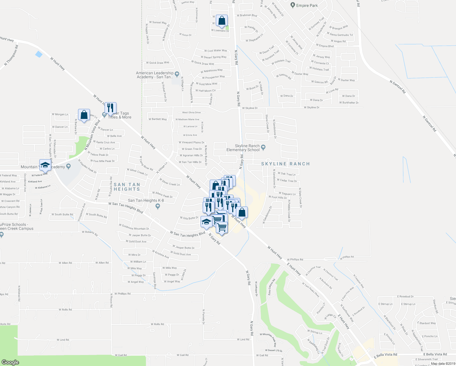 map of restaurants, bars, coffee shops, grocery stores, and more near 33335 North Hidden Canyon Drive in Queen Creek