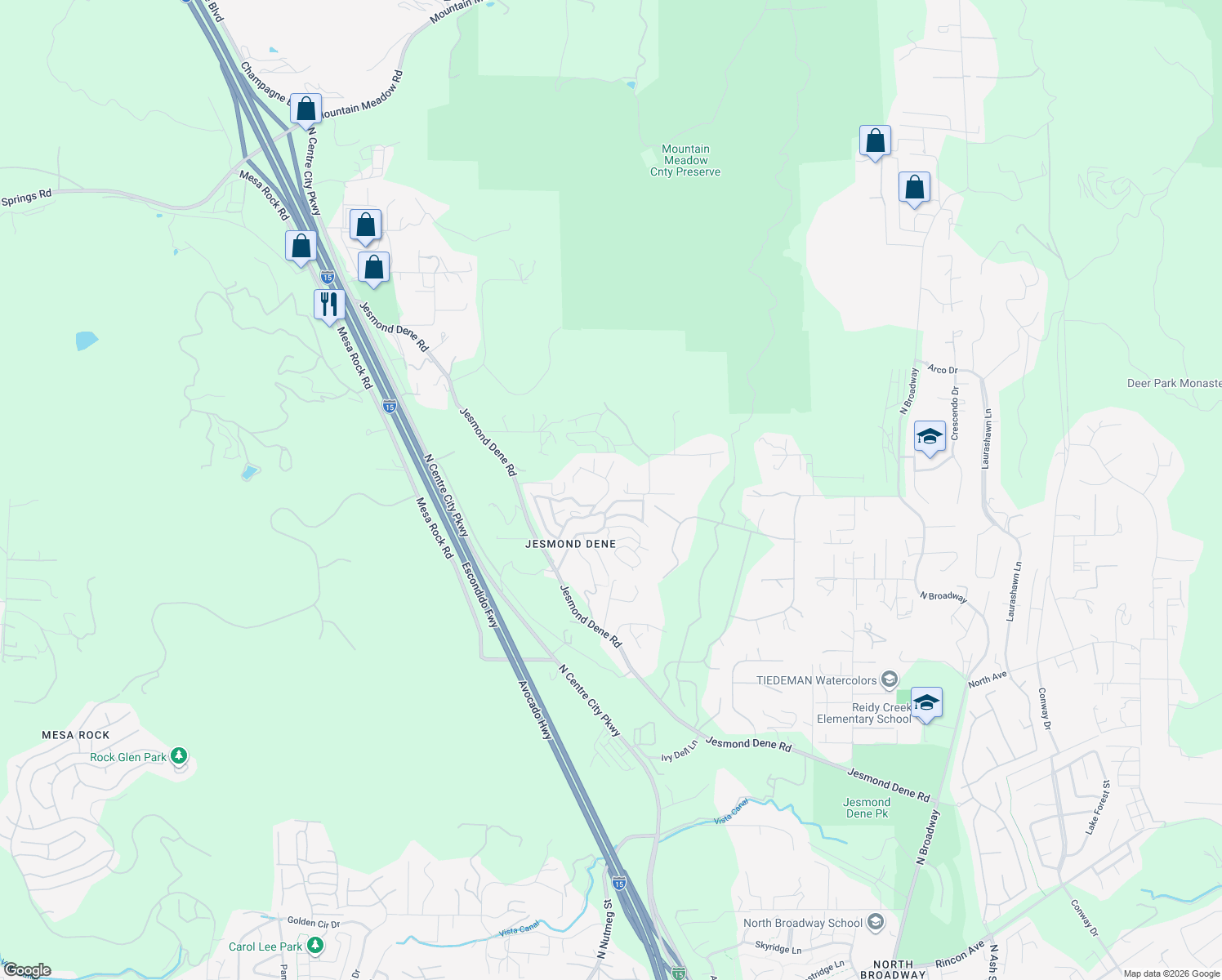 map of restaurants, bars, coffee shops, grocery stores, and more near 10218 Canyon Drive in Escondido