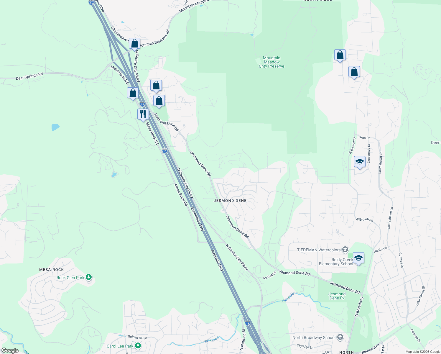 map of restaurants, bars, coffee shops, grocery stores, and more near 25913 Jesmond Dene Road in Escondido