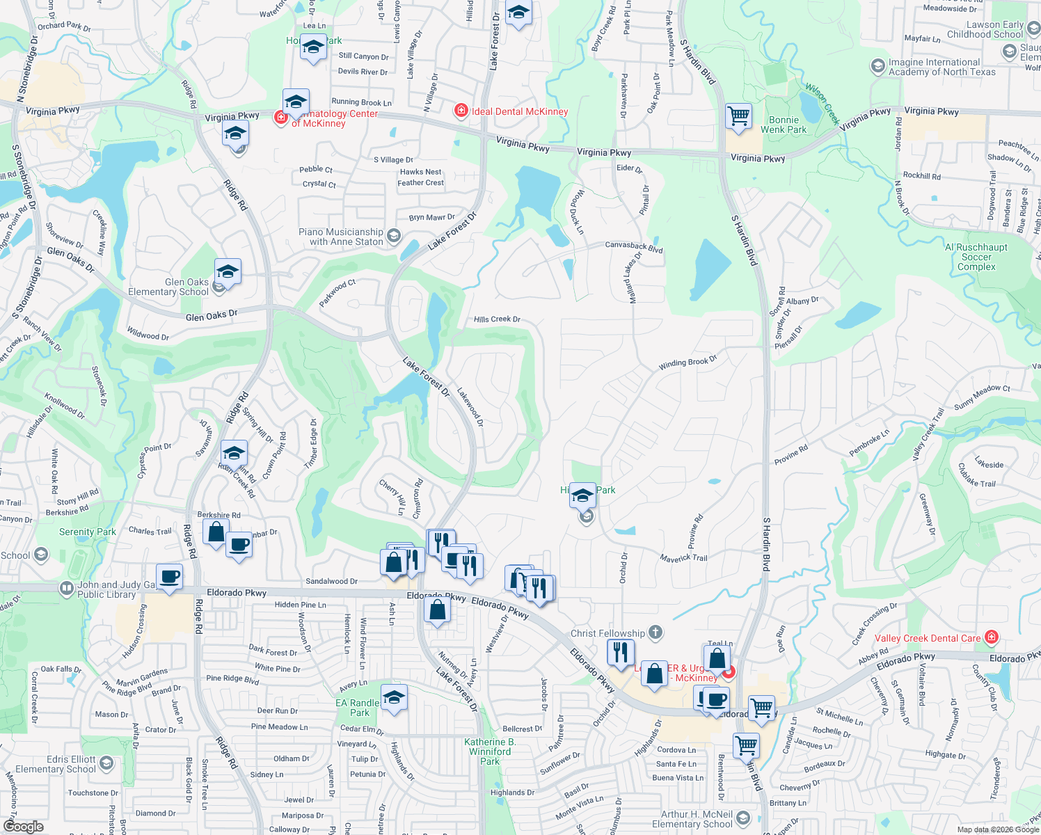 map of restaurants, bars, coffee shops, grocery stores, and more near 1406 Lakewood Drive in McKinney