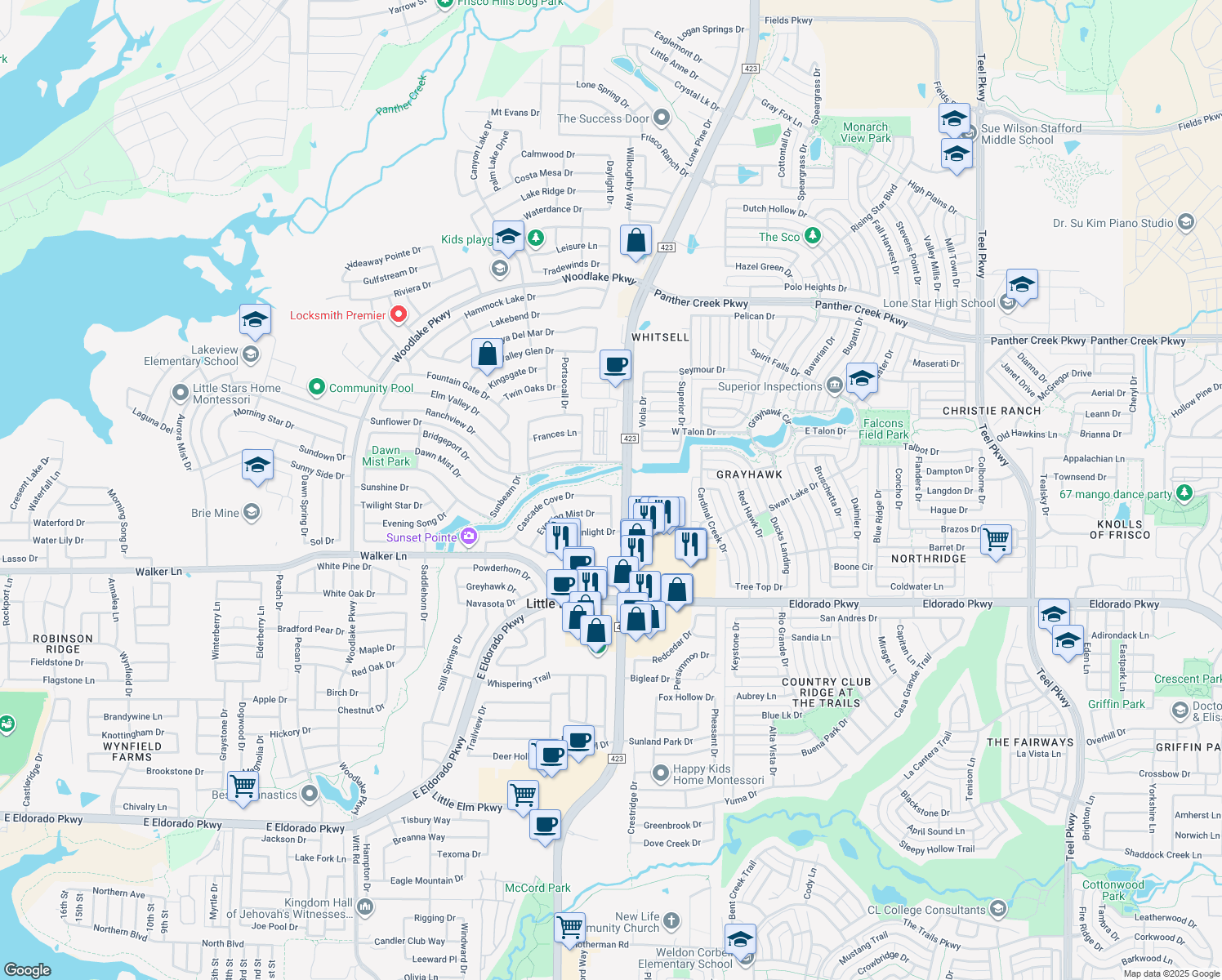 map of restaurants, bars, coffee shops, grocery stores, and more near 2877 Cascade Cove Drive in Little Elm
