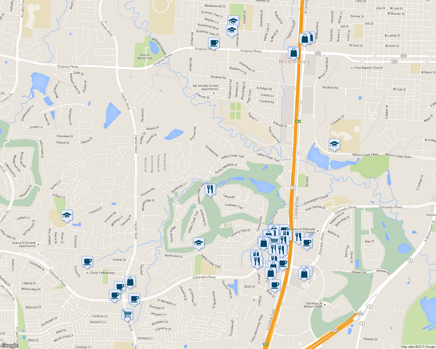 map of restaurants, bars, coffee shops, grocery stores, and more near 2615 Sunny Meadow Court in McKinney