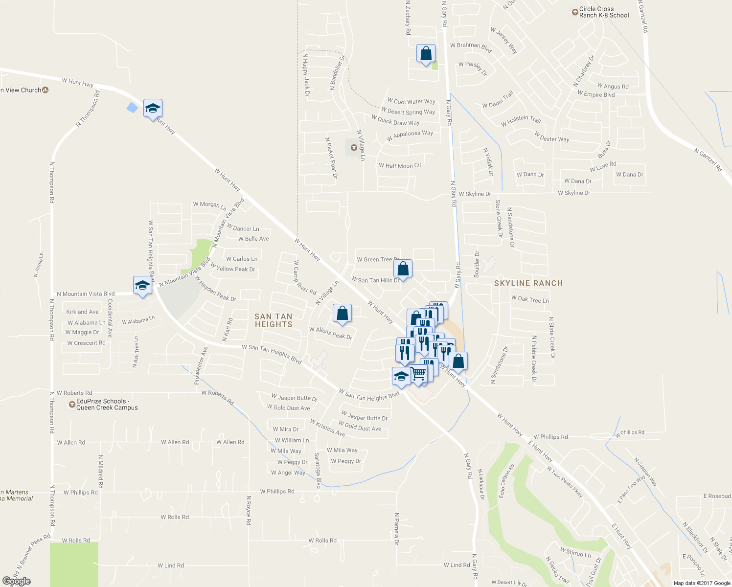 map of restaurants, bars, coffee shops, grocery stores, and more near 2131 West Desert Seasons Drive in Queen Creek
