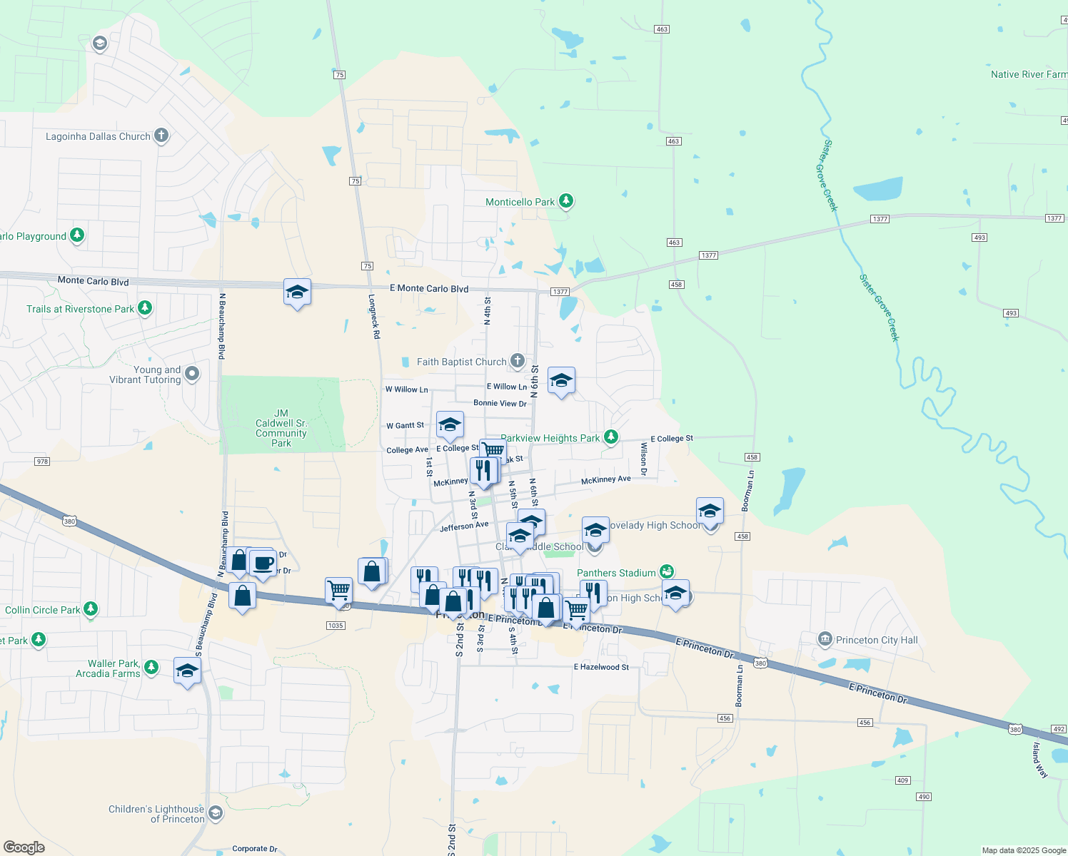 map of restaurants, bars, coffee shops, grocery stores, and more near 1019 North 6th Street in Princeton
