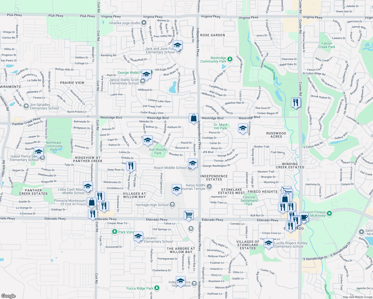 map of restaurants, bars, coffee shops, grocery stores, and more near 10205 Benwick Drive in McKinney