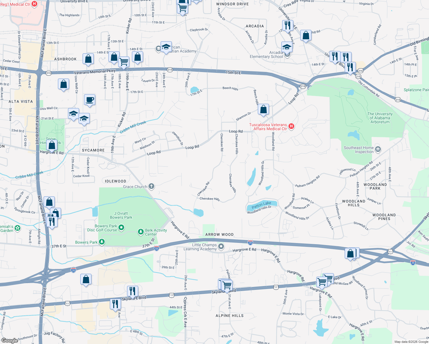 map of restaurants, bars, coffee shops, grocery stores, and more near 50 Cherokee Rd in Tuscaloosa